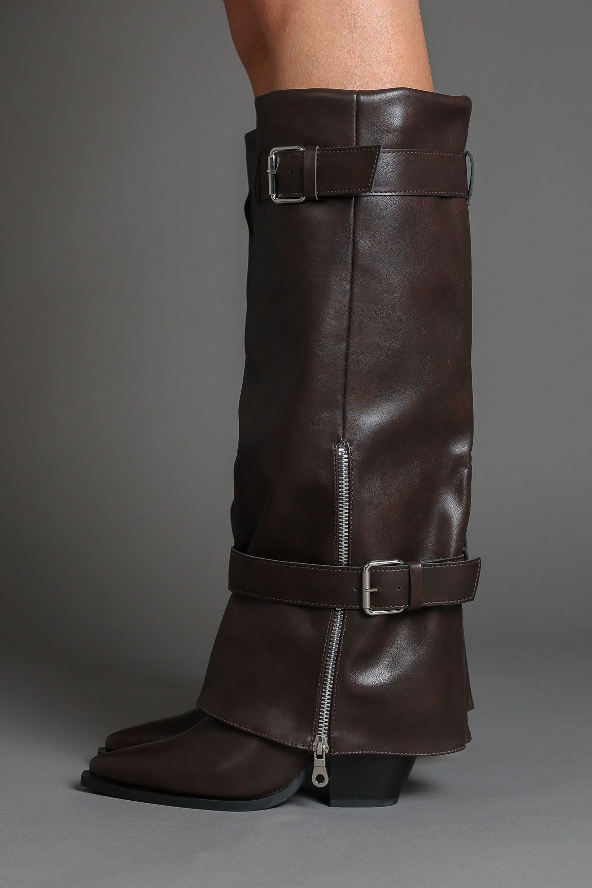 Brown Fold Over Pointed-Toe Buckle Detail Western Boots