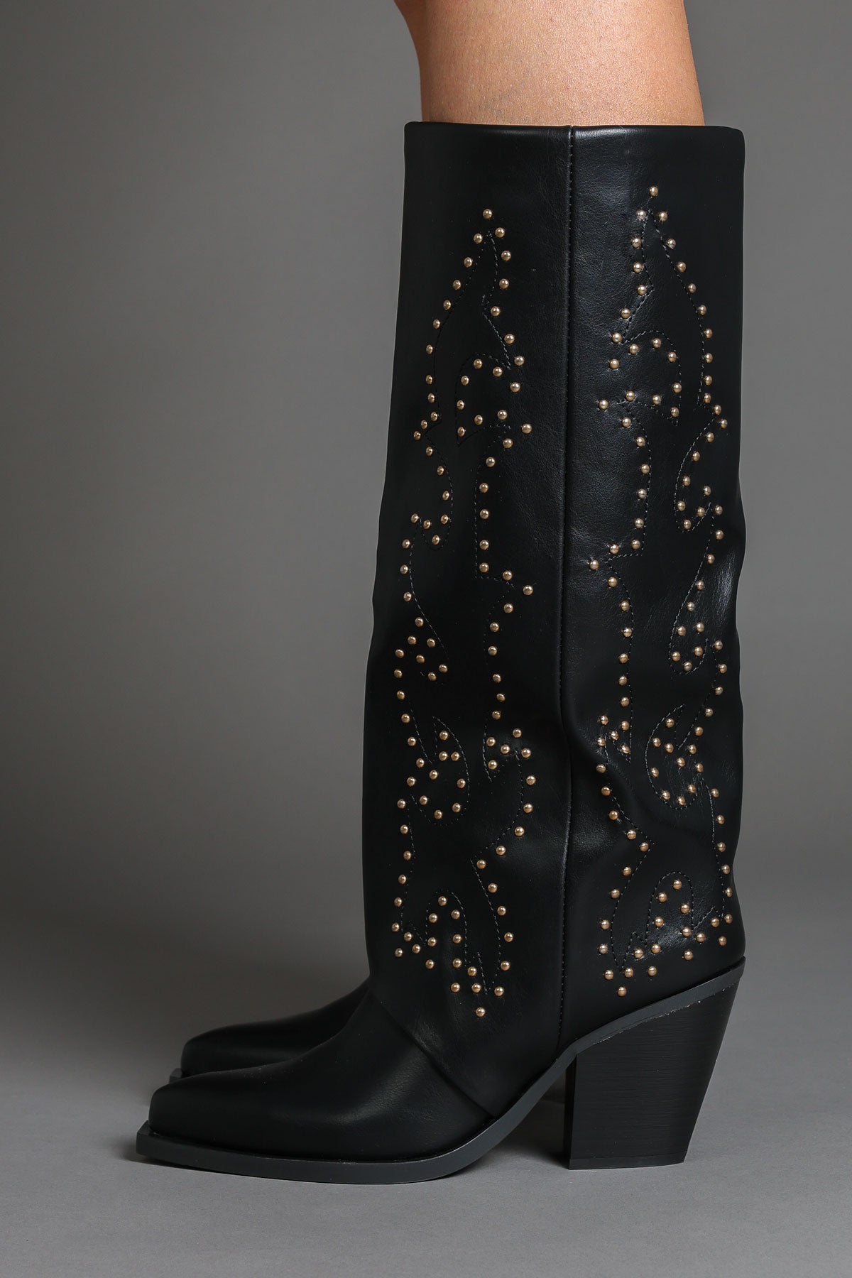Black Faux Leather Studded Slouchy Western Cowboy Boots