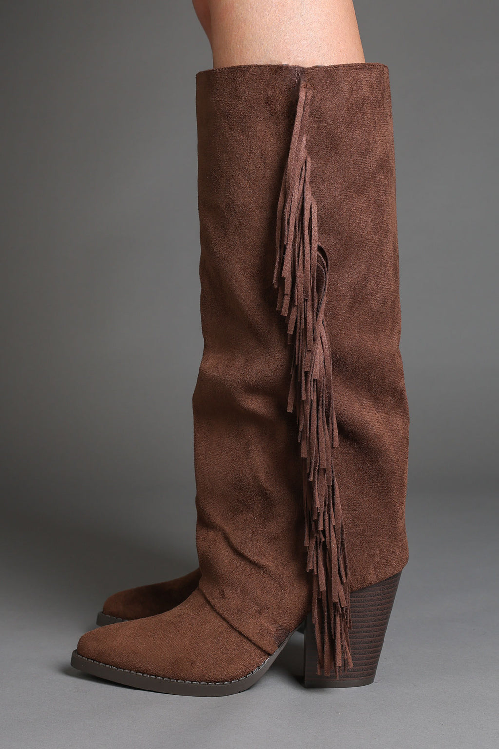 Brown Faux Suede Fringe Slouchy Knee-High Western Cowboy Boots