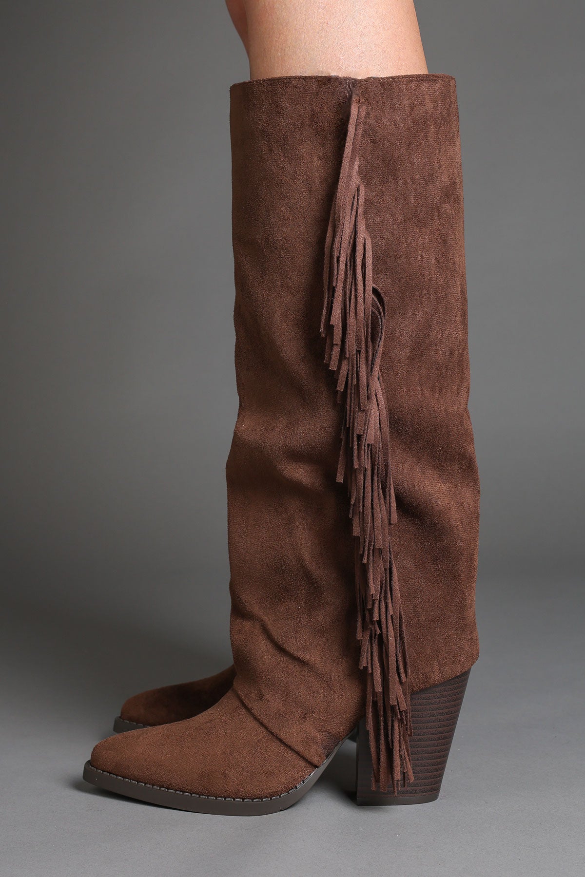 Brown Faux Suede Fringe Slouchy Knee-High Western Cowboy Boots