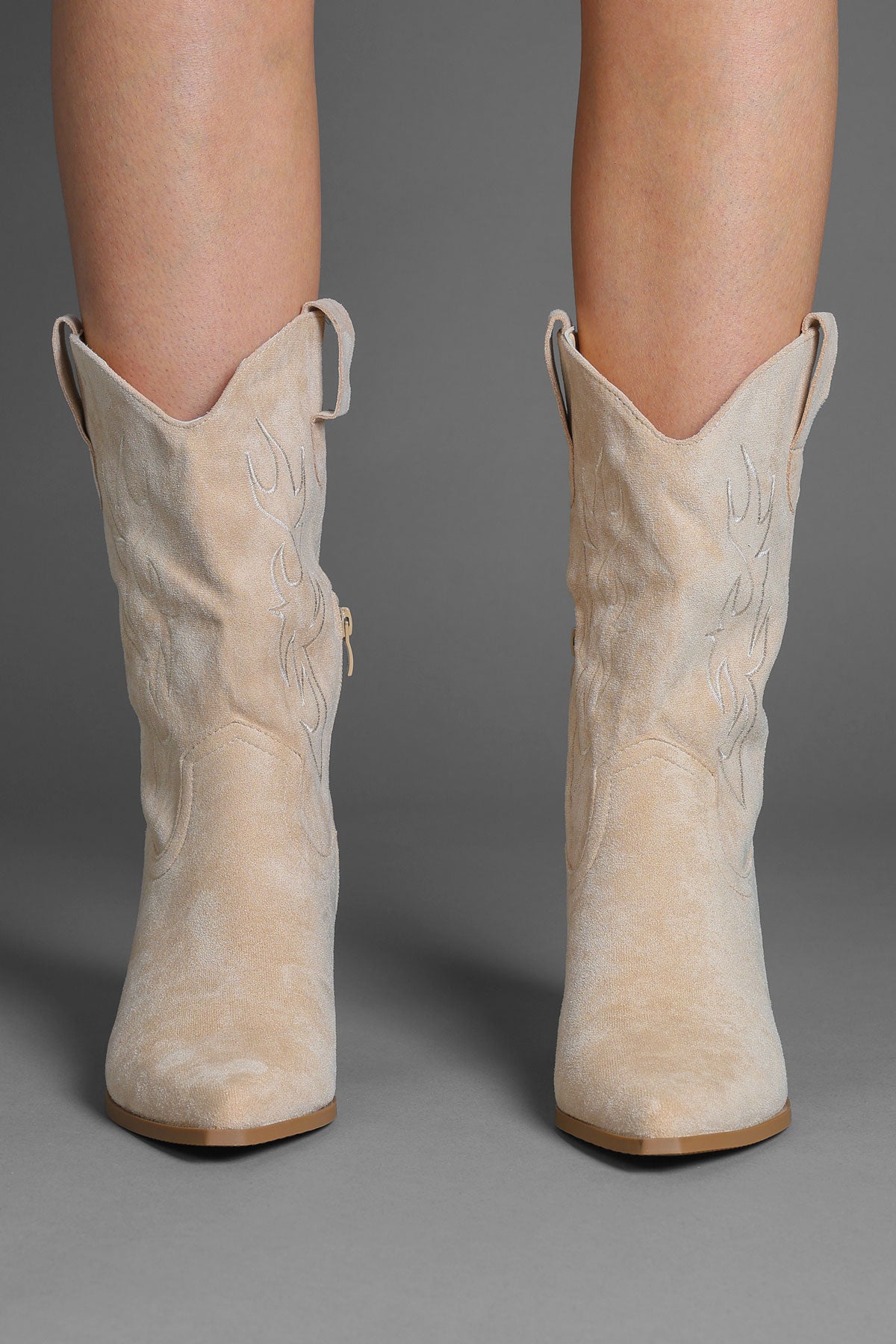 Beige Faux Suede Flame Embroidered Western Cowboy Boots