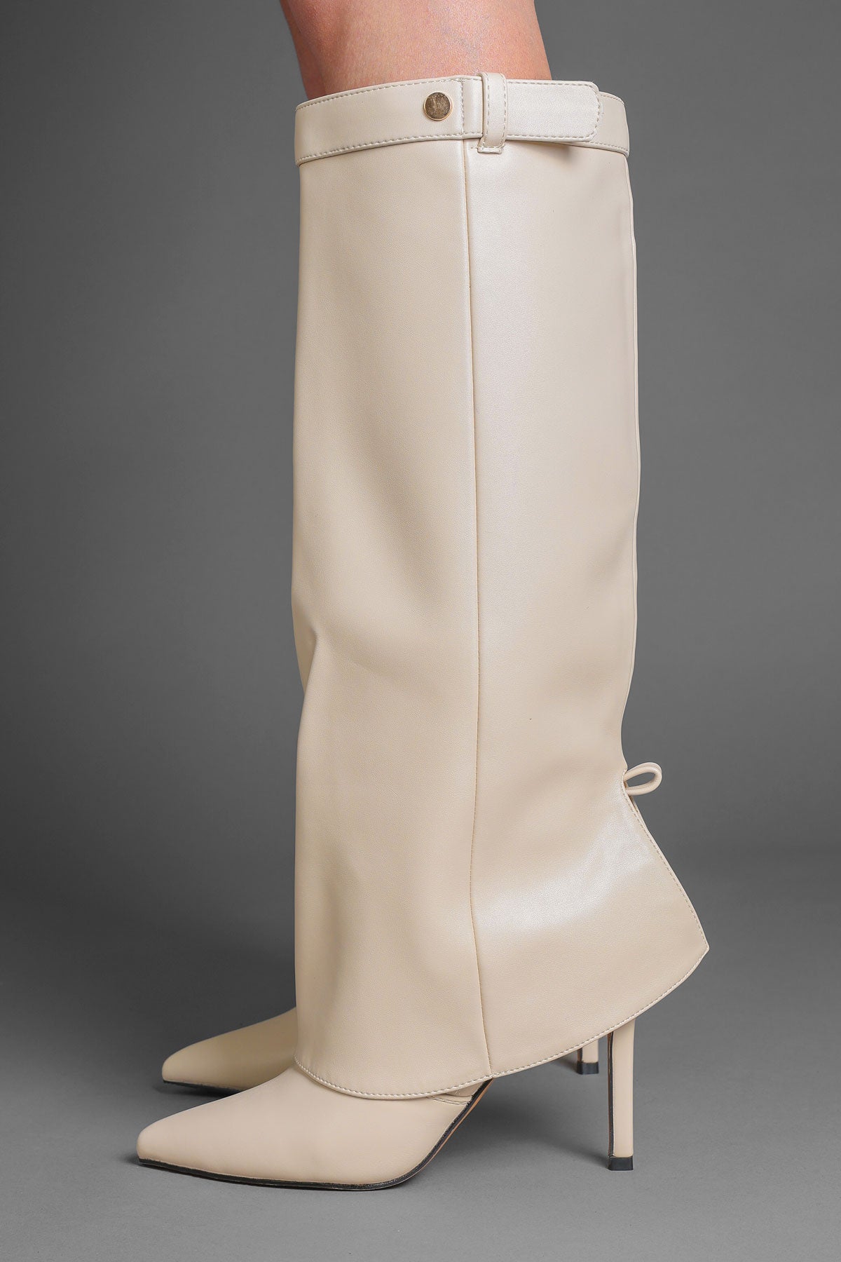 Beige Fold Over Stiletto Boots with Pointed Toe