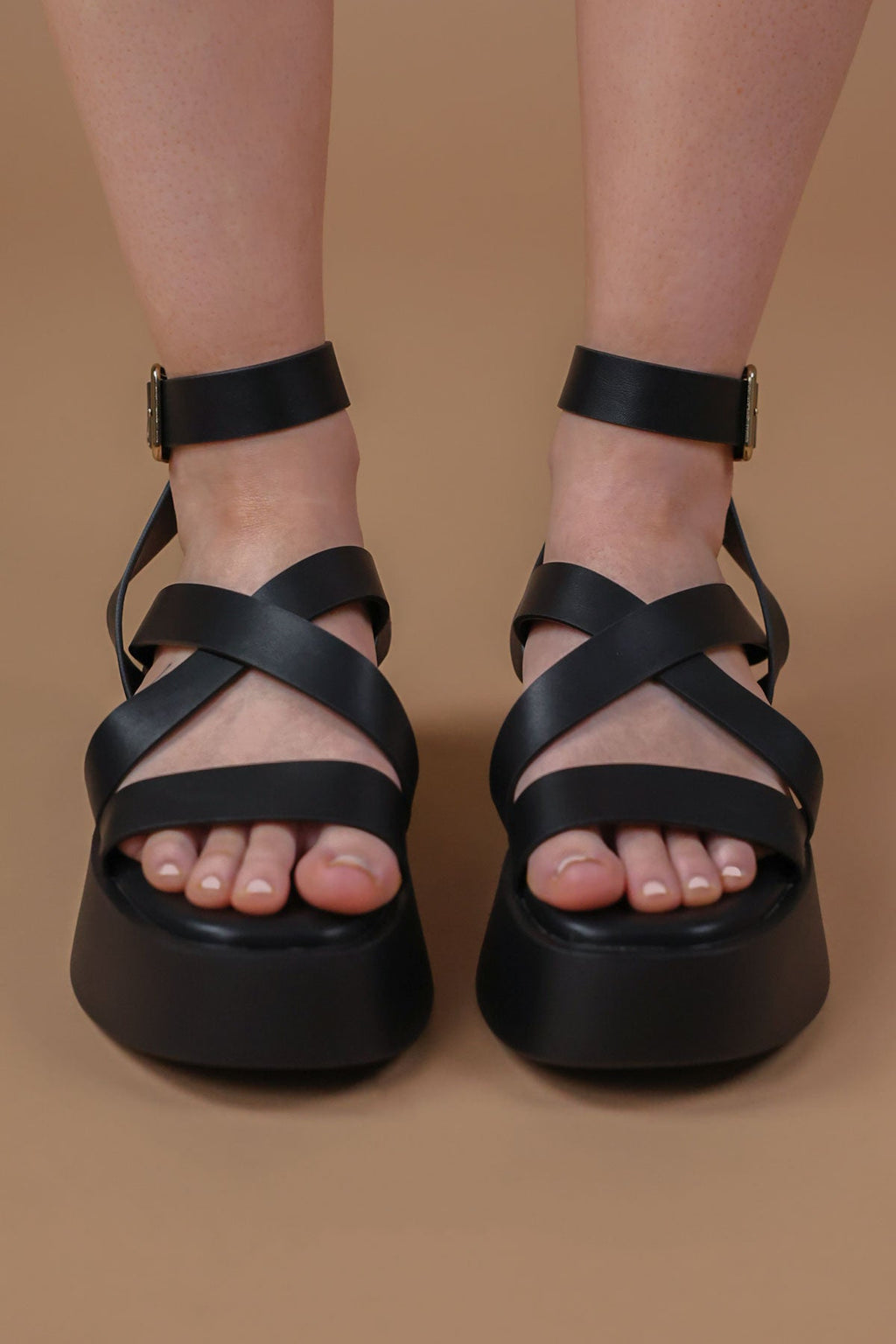 Elena Black Gladiator Flatform Buckle Sandals