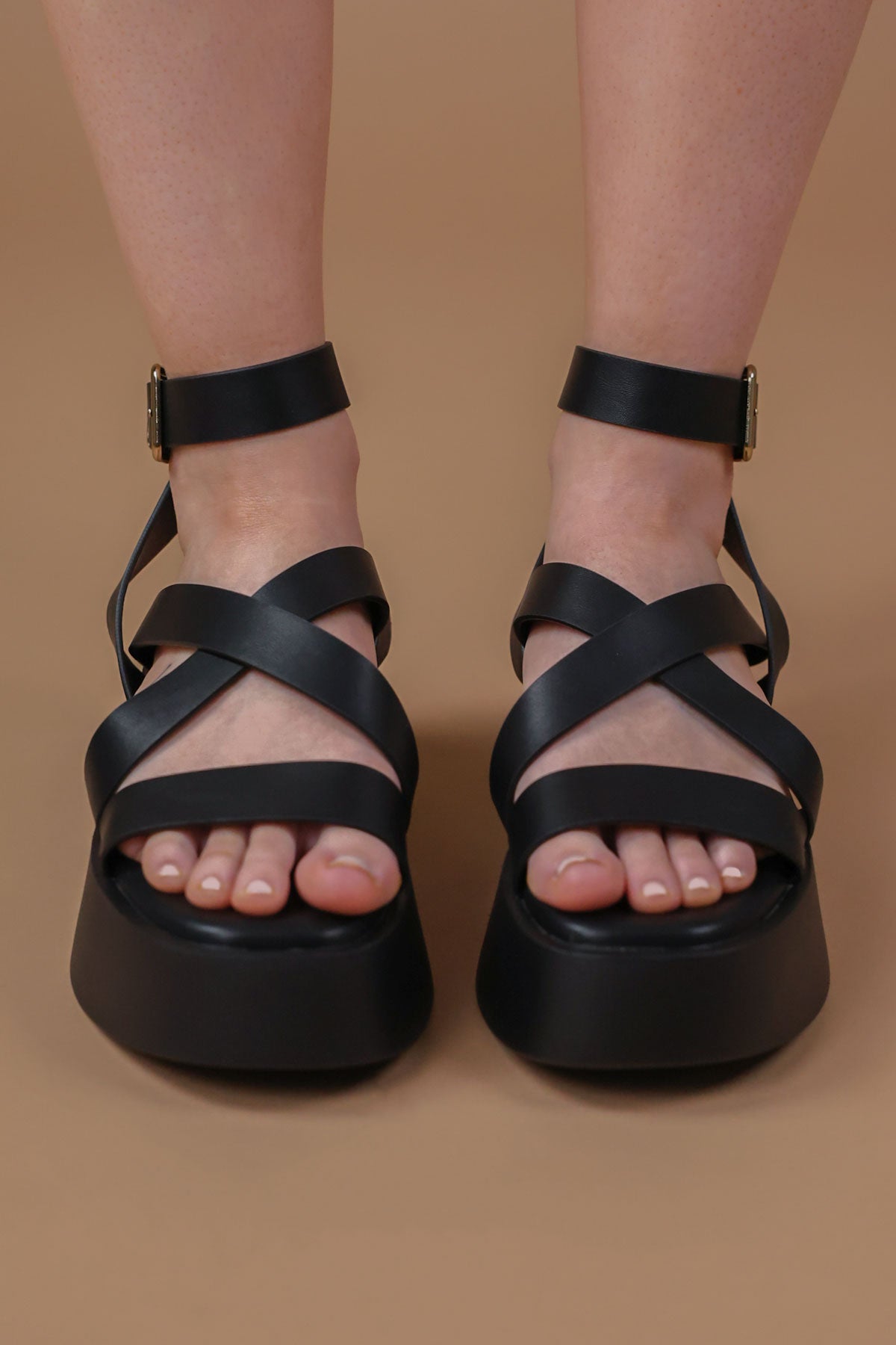 Elena Black Gladiator Flatform Buckle Sandals