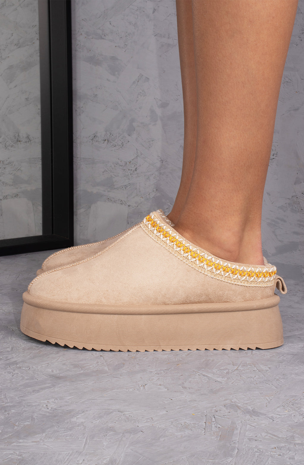 Vanilla Suede Embroidered Chunky Platform Slippers Shoes - Beige