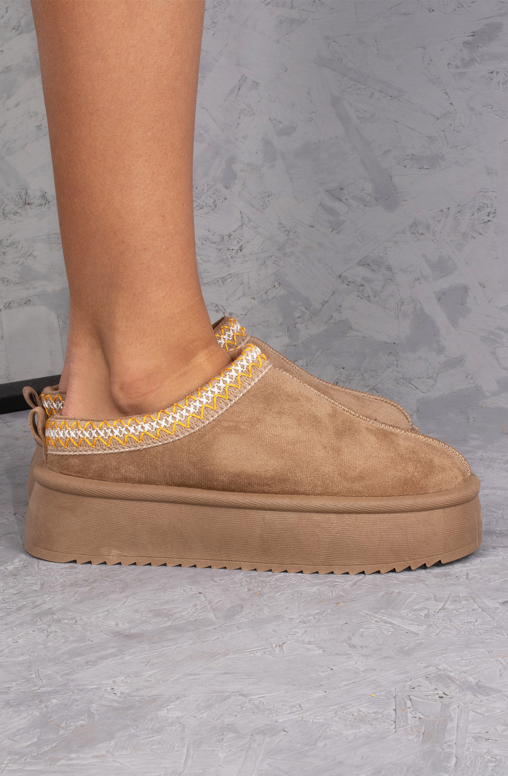 Vanilla Suede Embroidered Chunky Platform Slippers Shoes - Taupe