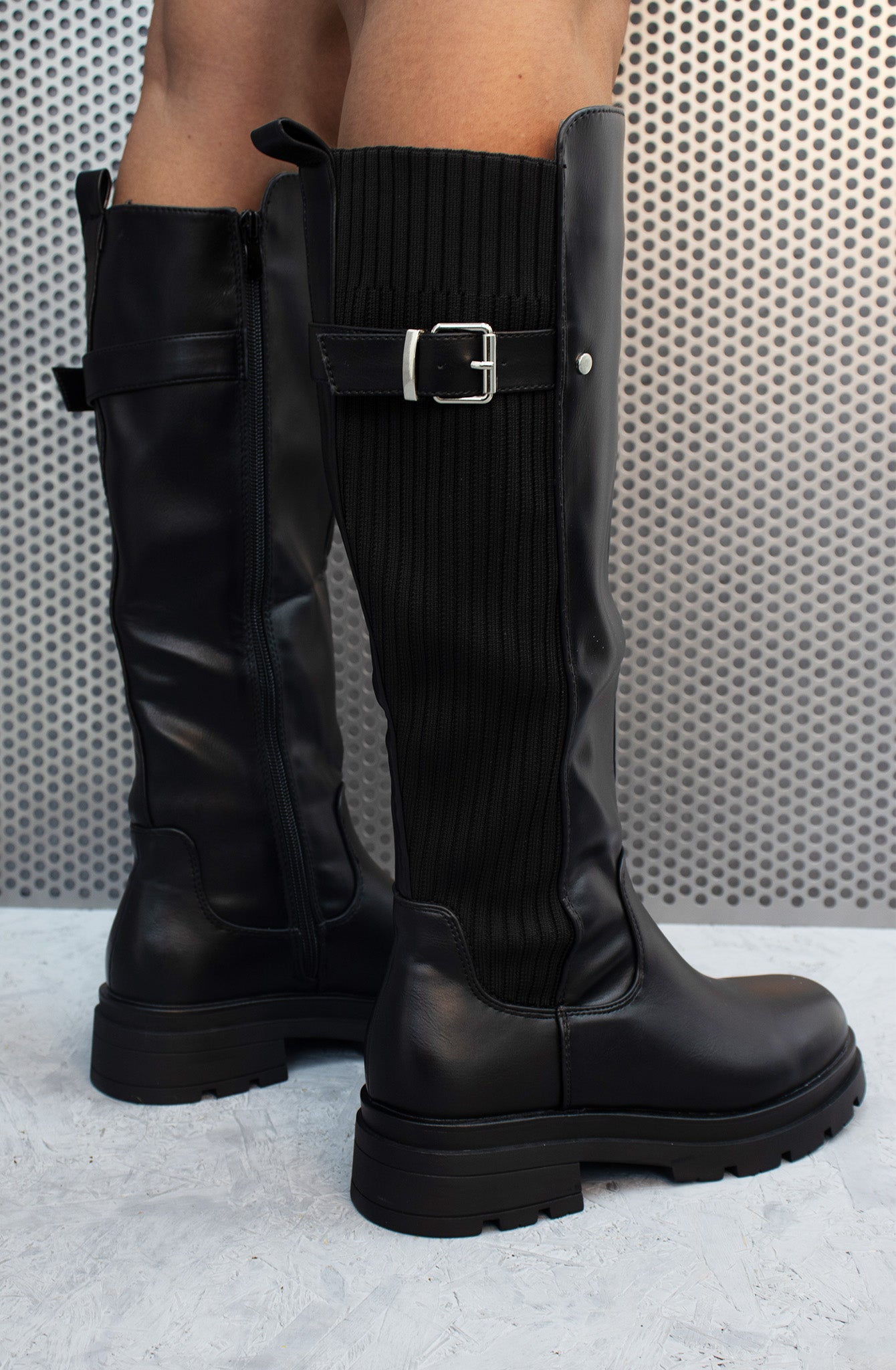 Snake Knee High Sock Fit Platform Boot Black