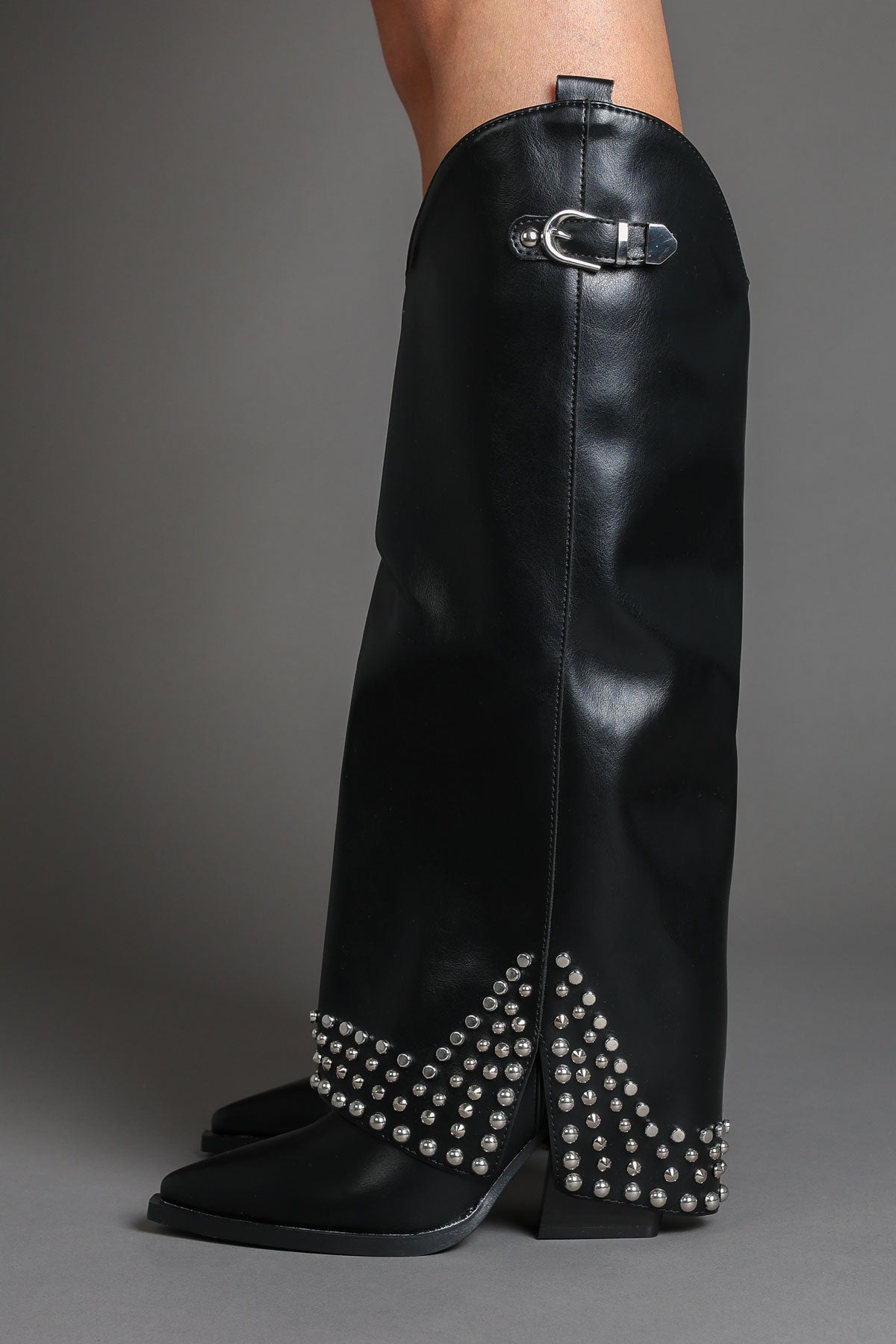 Black Faux Leather Studded Fold Over Slouch Western Cowboy Boots