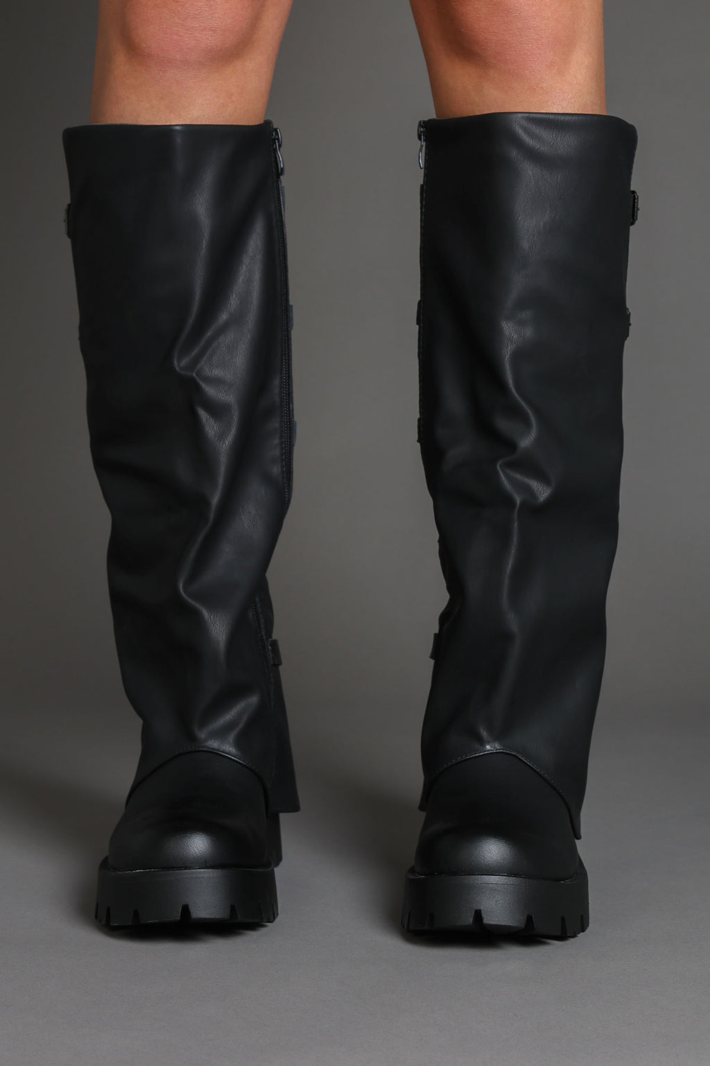 Black Buckle Detail Fold Over Chunky Biker Boots