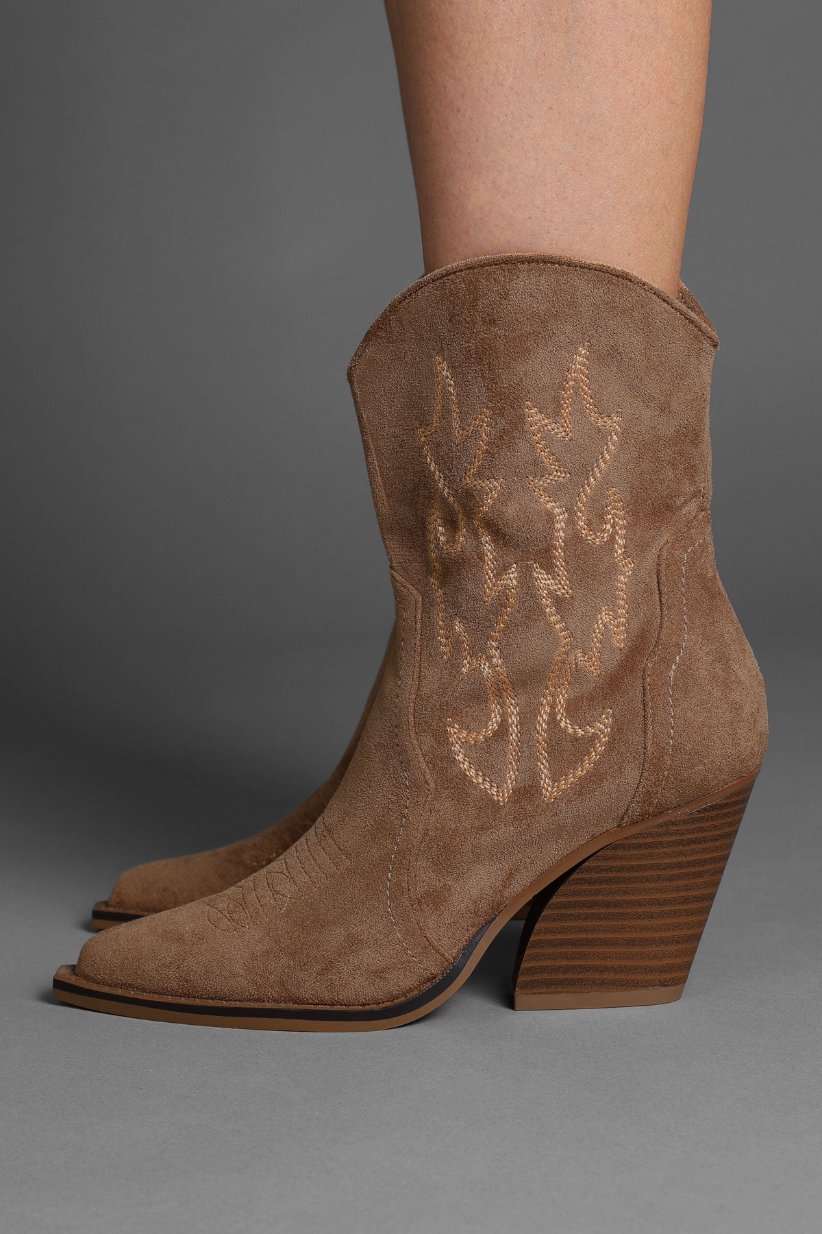 Tan Faux Suede Embroidered Classic Western Ankle Cowboy Boots