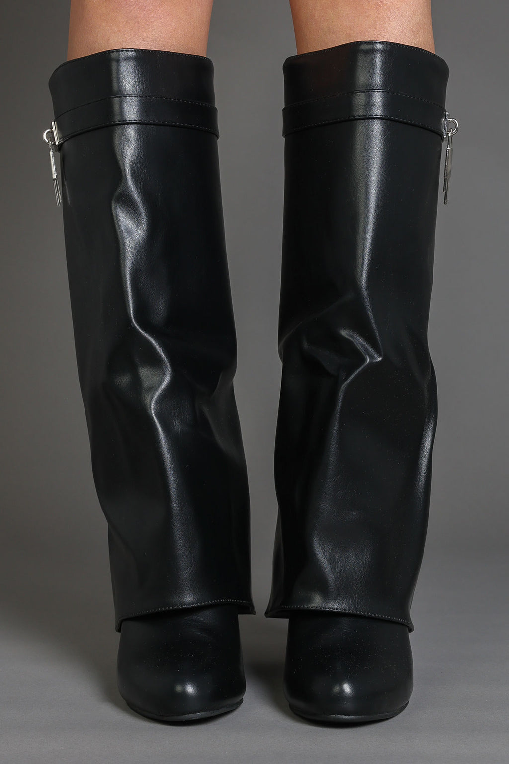 Black Faux Leather Wedge Fold Over Padlock Detail Boots