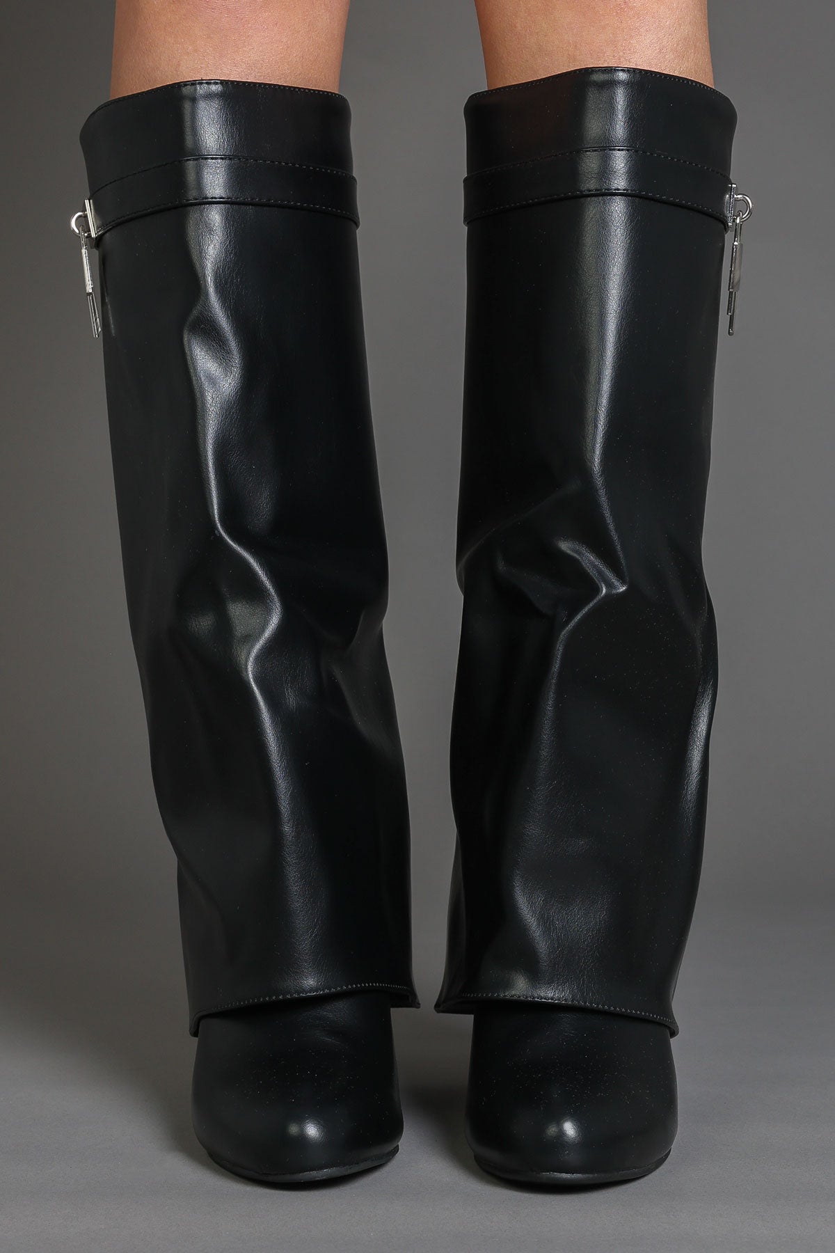 Black Faux Leather Wedge Fold Over Padlock Detail Boots