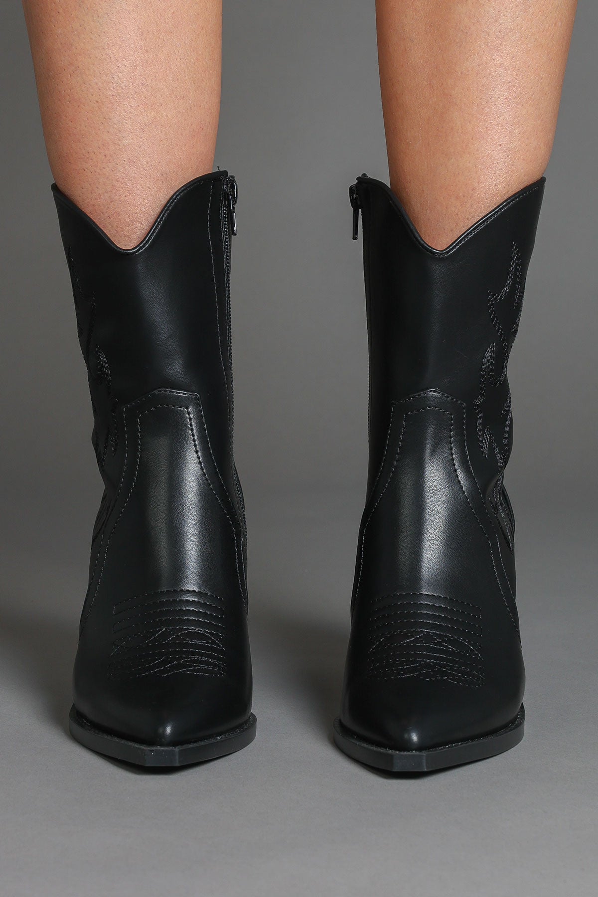 Black Faux Leather Embroidered Classic Western Ankle Cowboy Boots