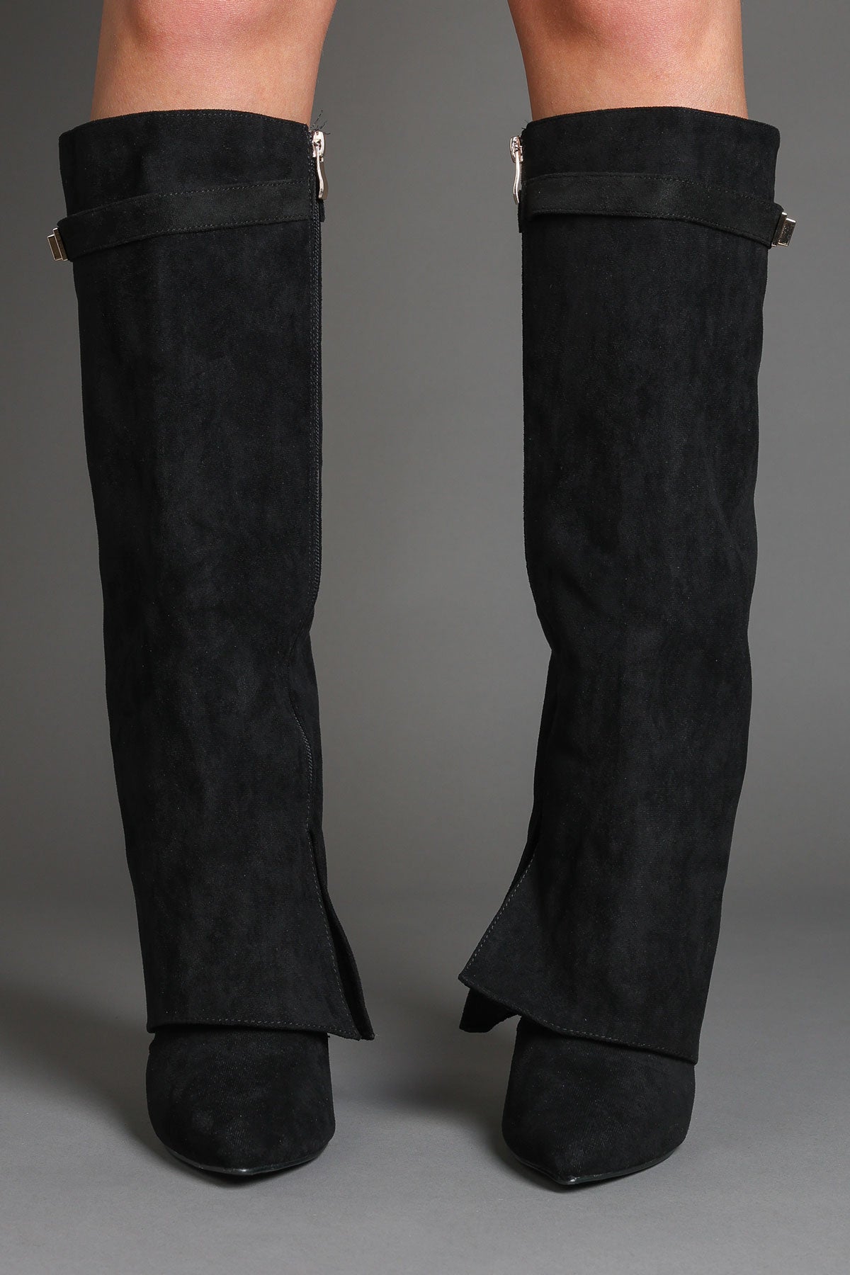 Black Faux Suede Fold Over Buckle lock Shark Boots