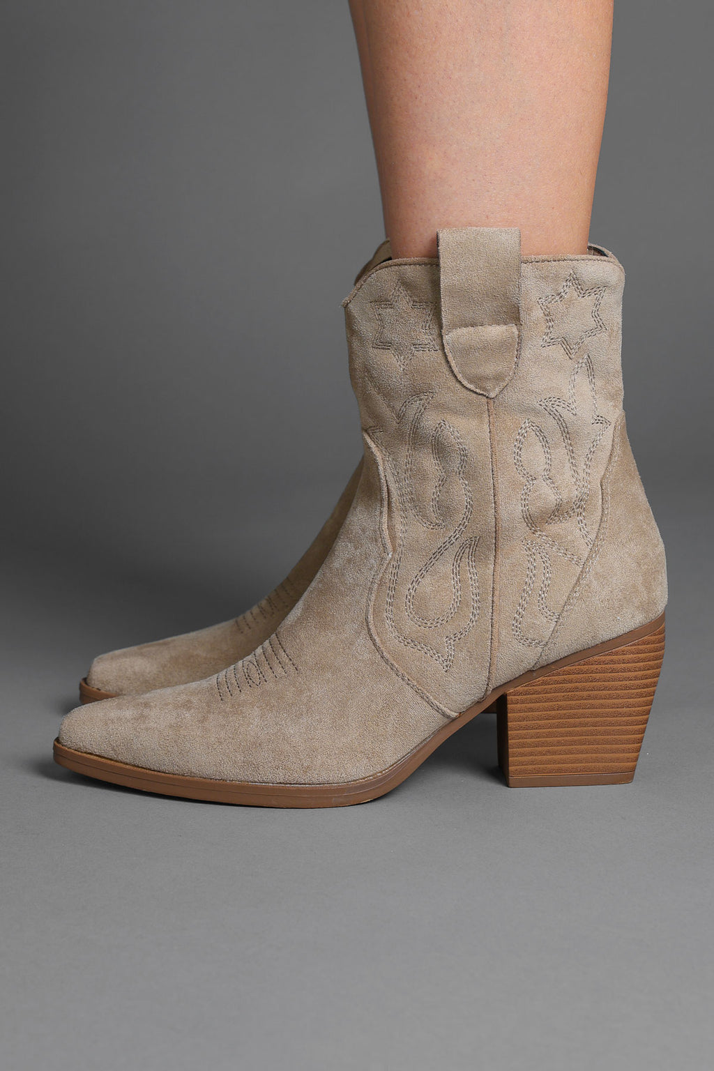 Taupe Embroidered Western Ankle Cowboy Boots