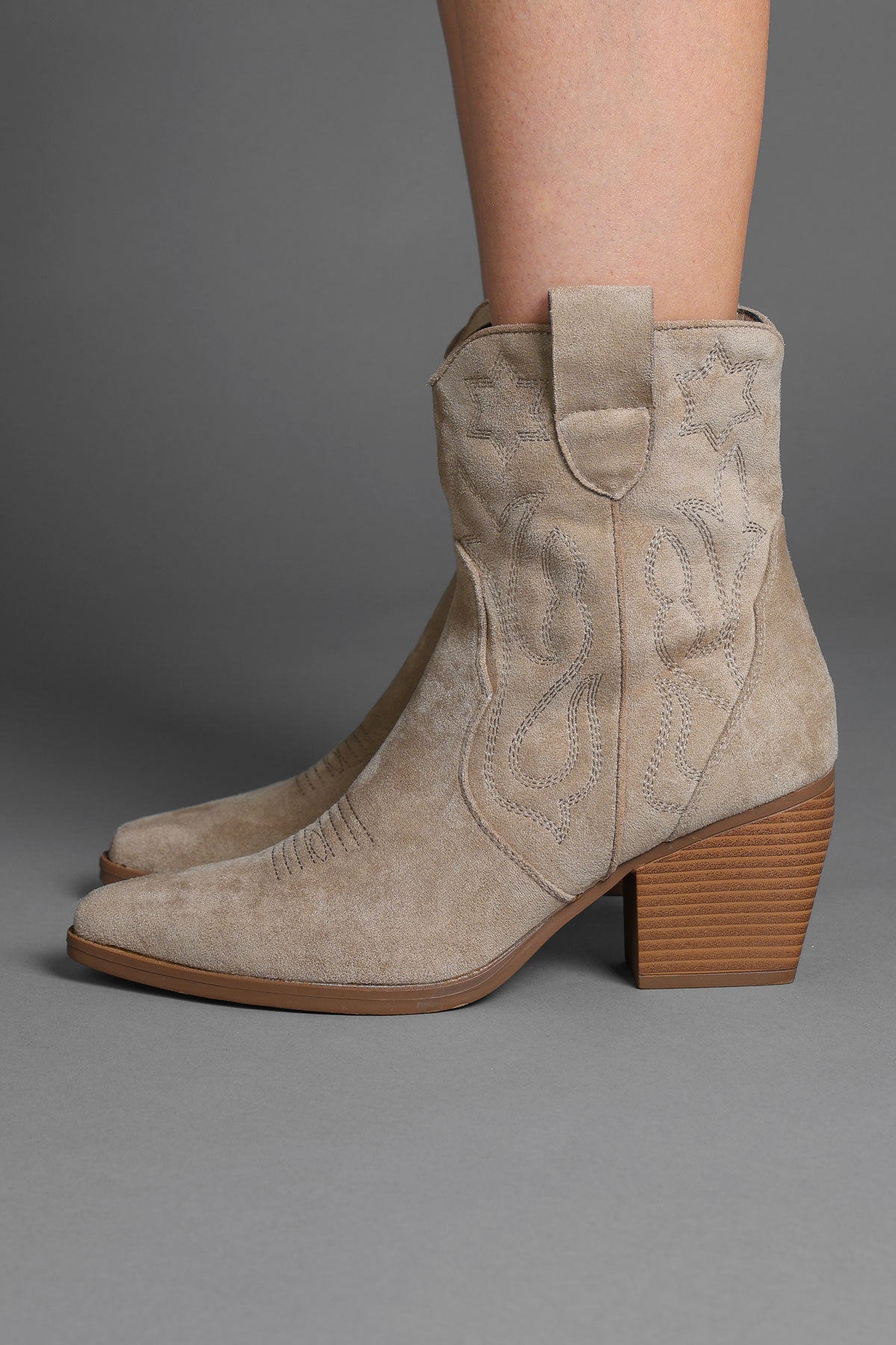 Taupe Embroidered Western Ankle Cowboy Boots