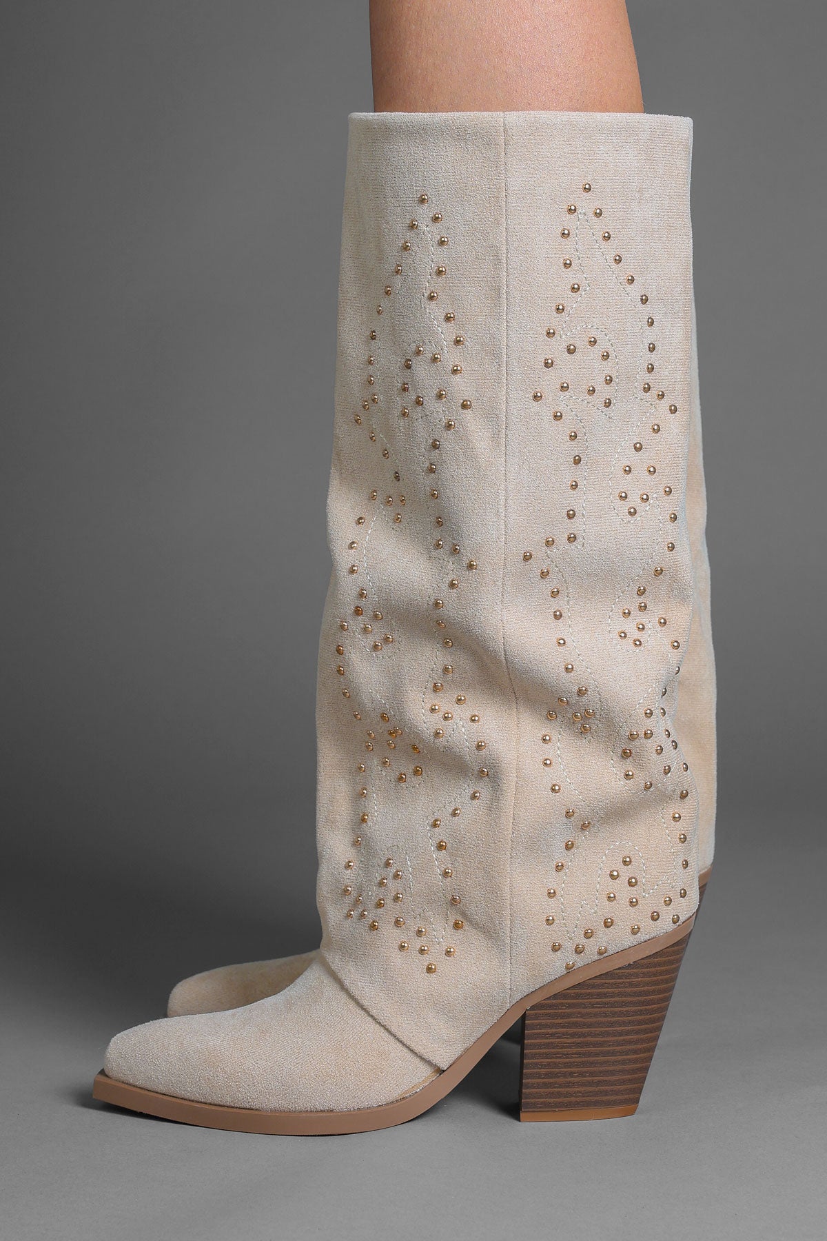 Beige Faux Suede Studded Slouchy Western Cowboy Boots