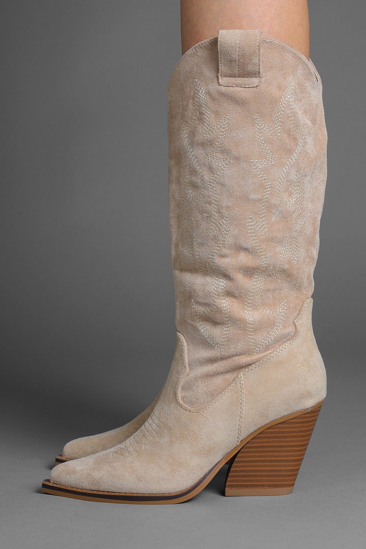 Beige Faux Suede Embroidered Classic Western Cowboy Boots