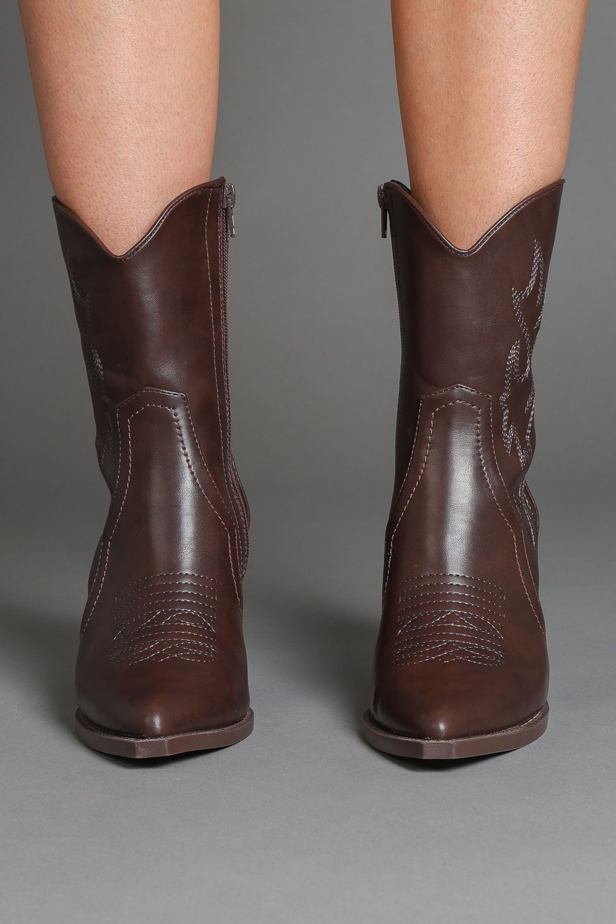 Brown Faux Leather Embroidered Classic Western Ankle Cowboy Boots