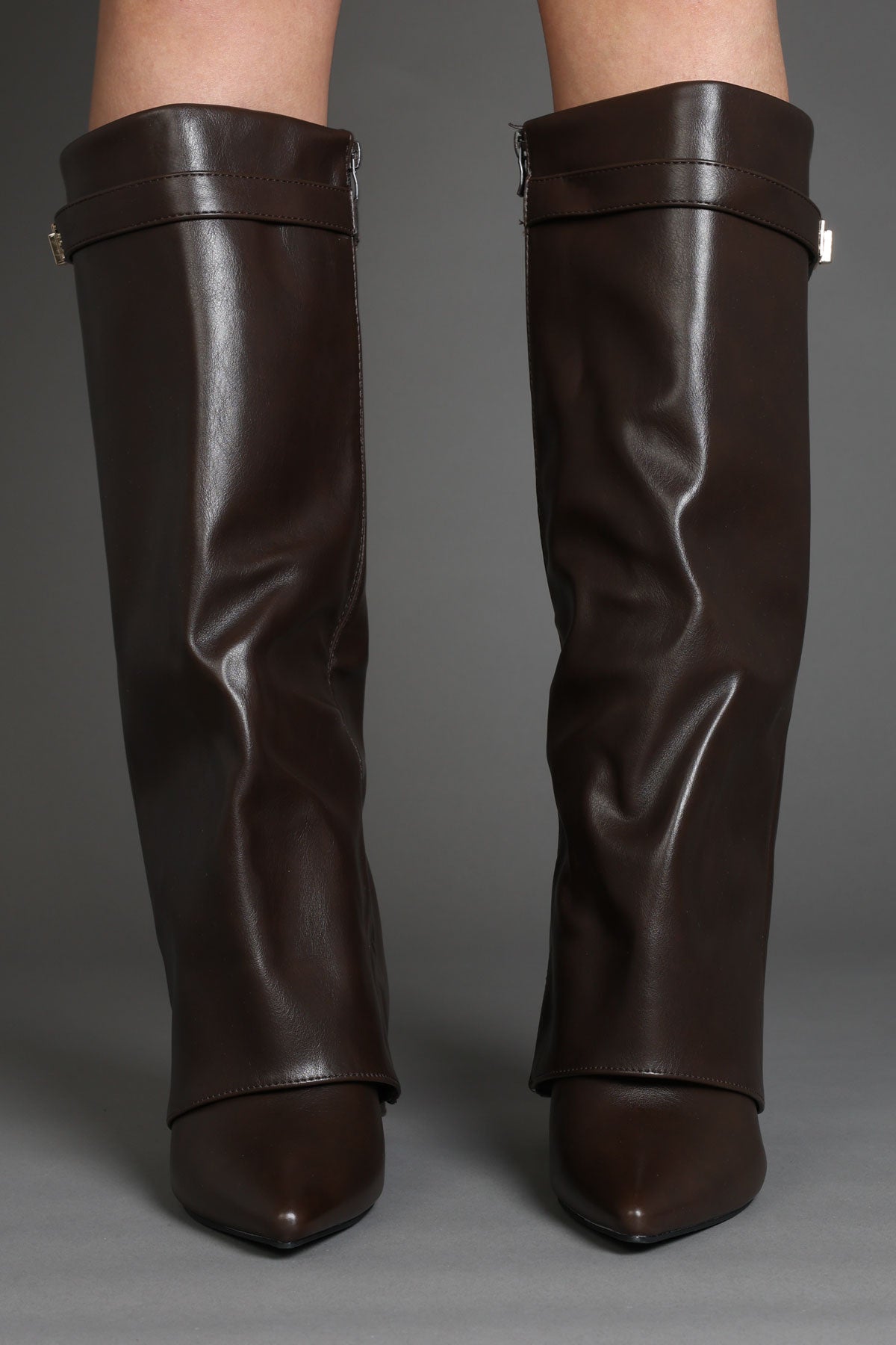 Brown Faux Leather Slouchy Fold-Over Boots with Buckle Detail