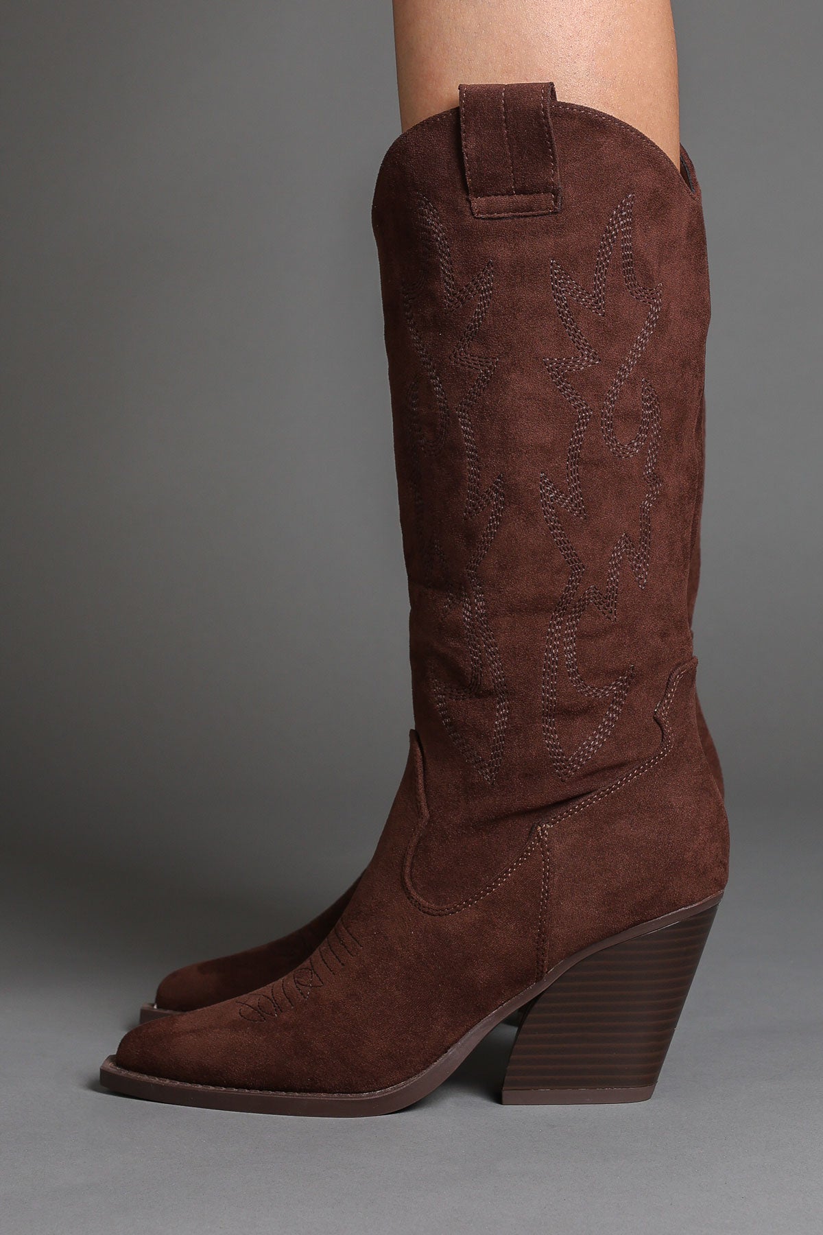 Brown Faux Suede Embroidered Classic Western Cowboy Boots
