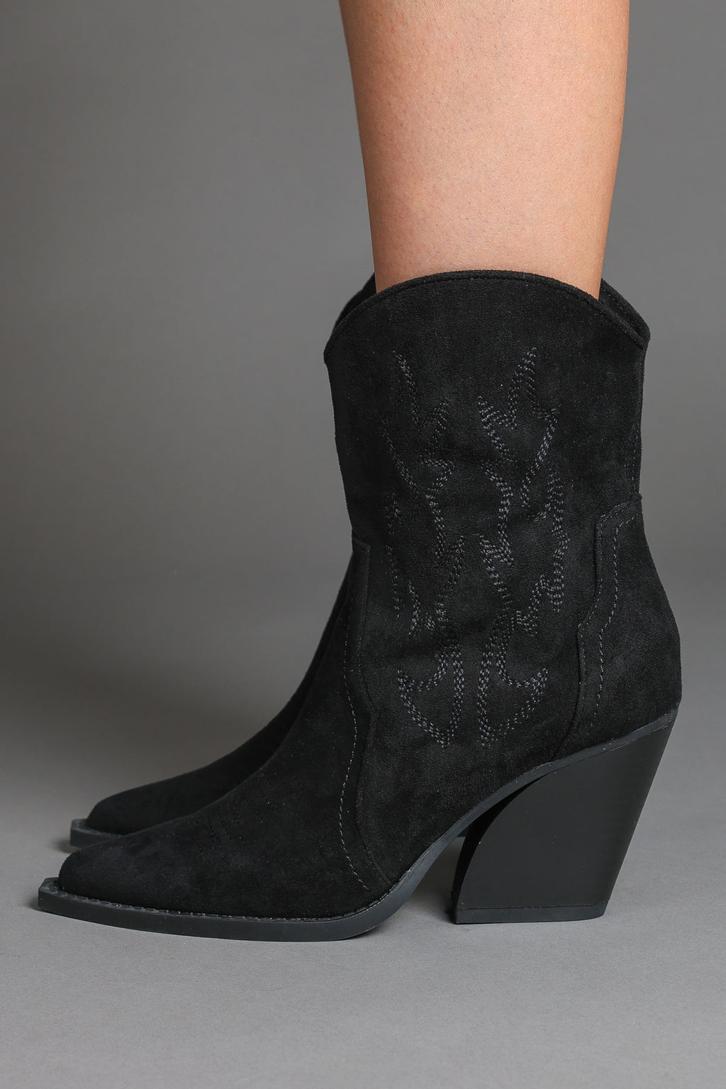 Black Faux Suede Embroidered Classic Western Ankle Cowboy Boots
