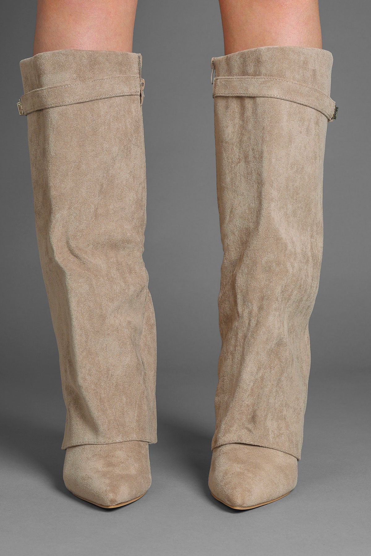 Taupe Faux Suede Fold Over Buckle lock Shark Boots