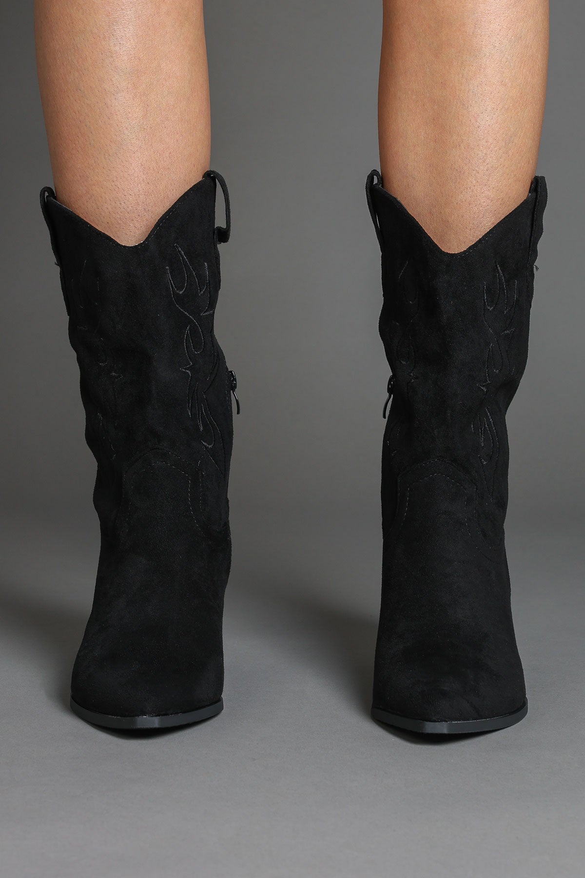 Black Faux Suede Flame Embroidered Western Cowboy Boots