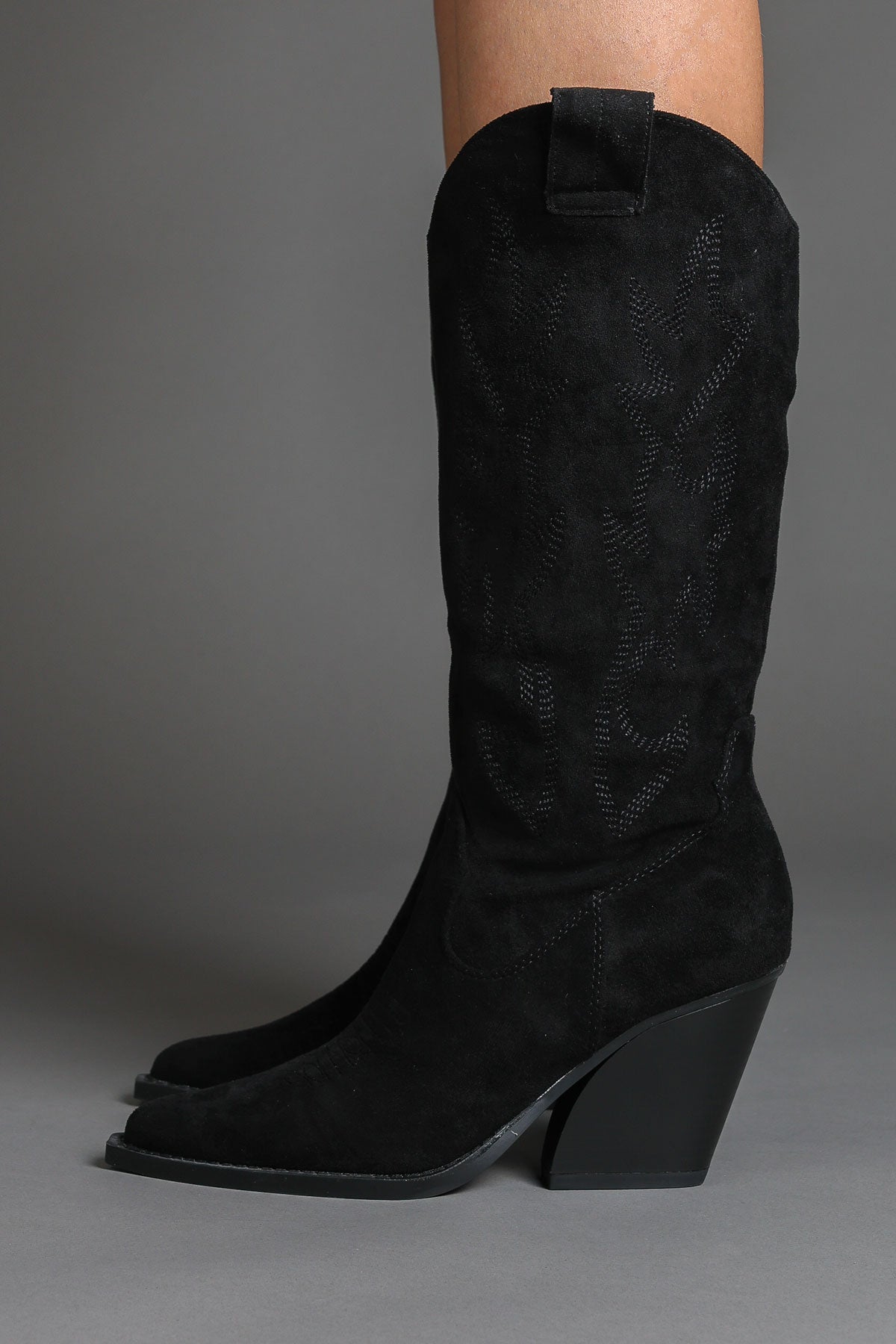 Black Faux Suede Embroidered Classic Western Cowboy Boots