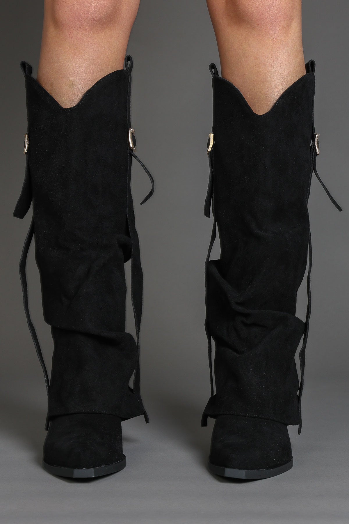 Black Suede Slouchy Fold Over Western Cowboy Boots