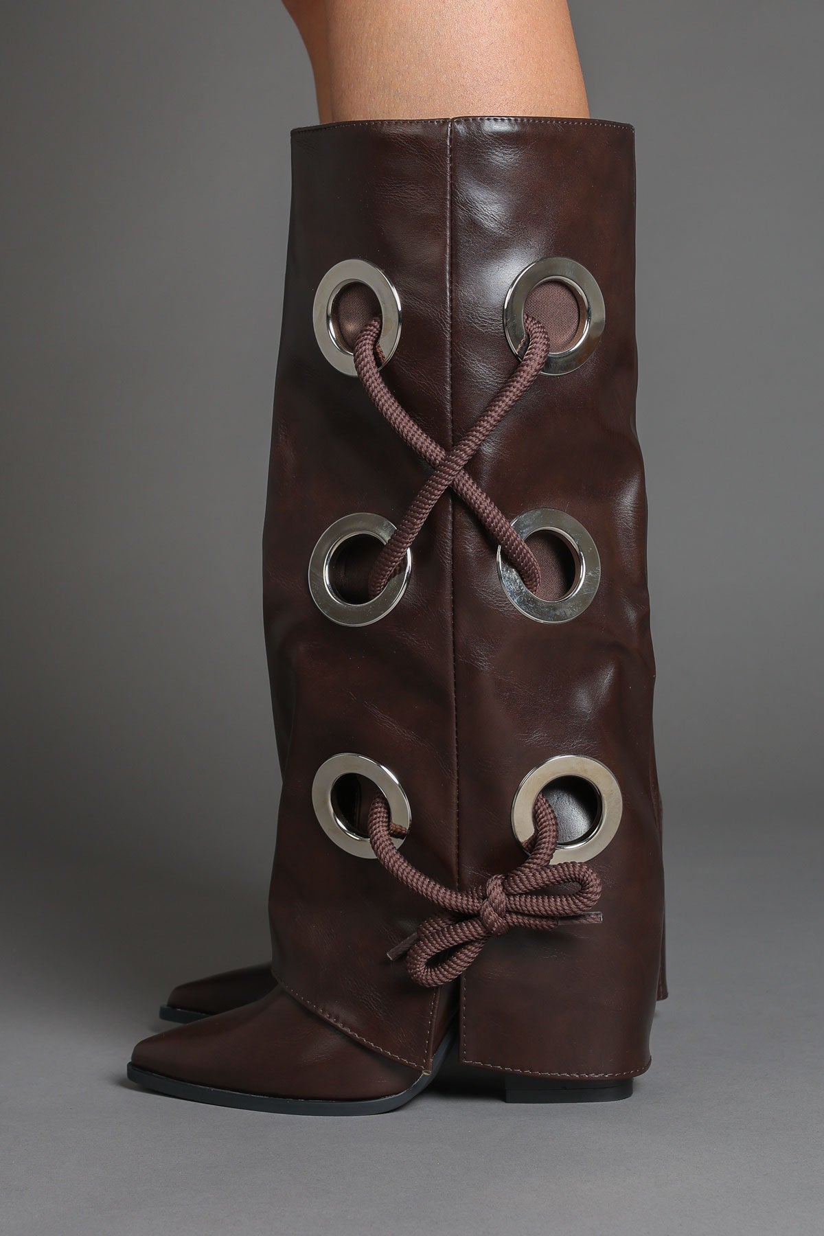 Brown Faux Leather Fold Over Lace Detail Knee-High