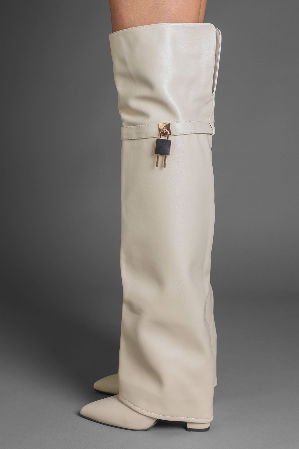Beige Faux Leather Lock Detail Fold Over Shark Thigh High Long Boots