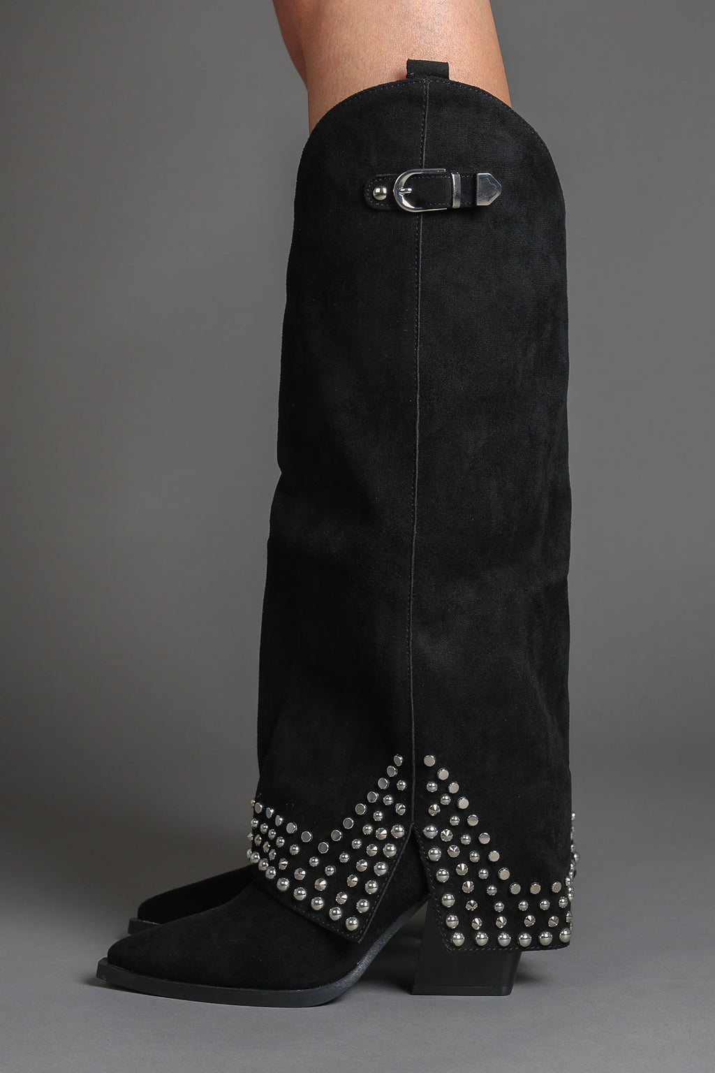 Black Faux Suede Studded Fold Over Slouch Western Cowboy Boots
