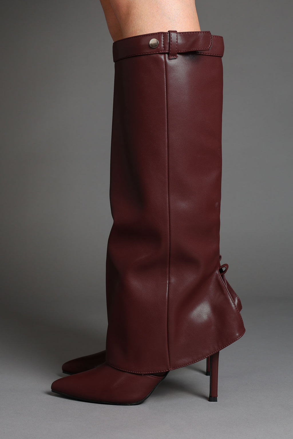 Burgundy Fold Over Stiletto Boots with Pointed Toe