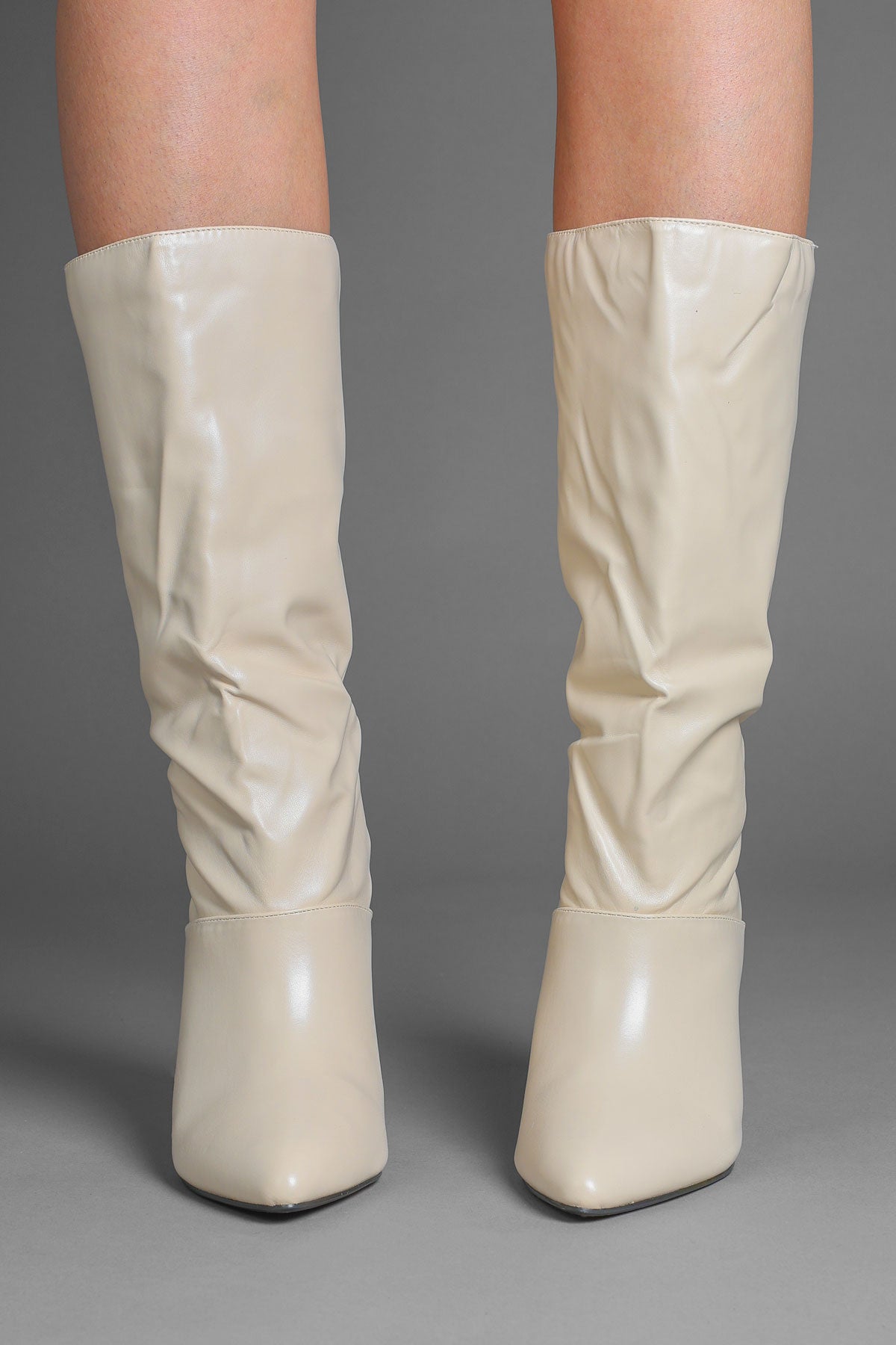 Beige Faux Leather Slouchy Pointed-Toe Stiletto Boots