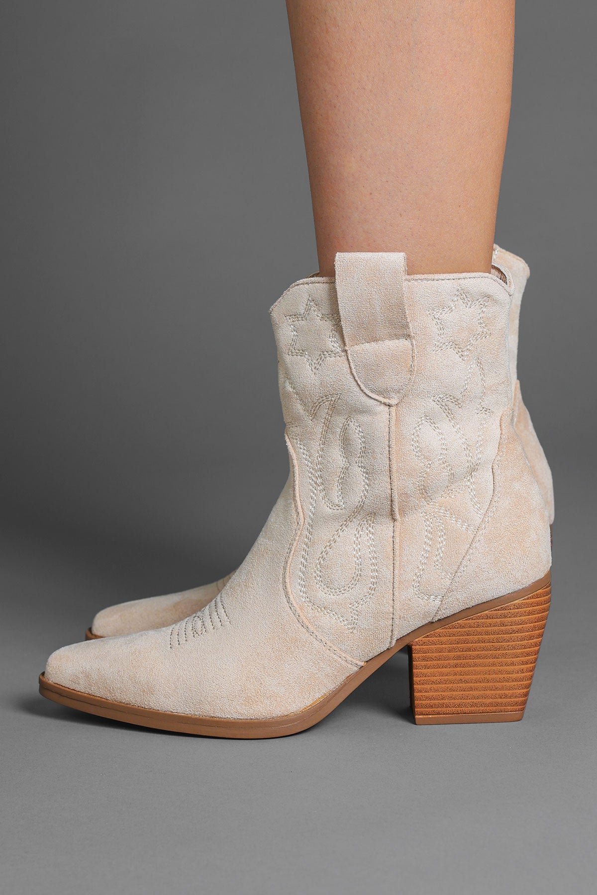Beige Embroidered Western Ankle Cowboy Boots