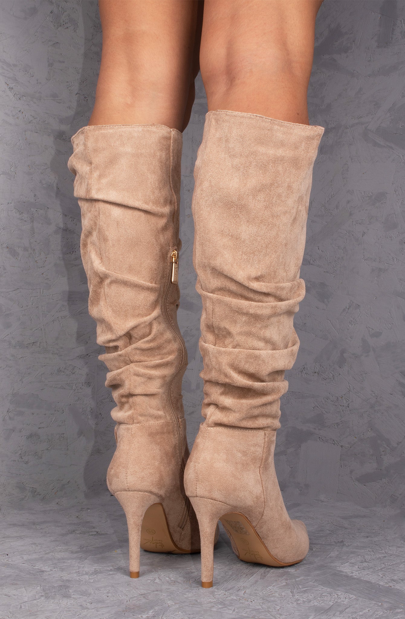 Taupe Ruched Pointed Toe Stiletto High Heel Knee High Boots
