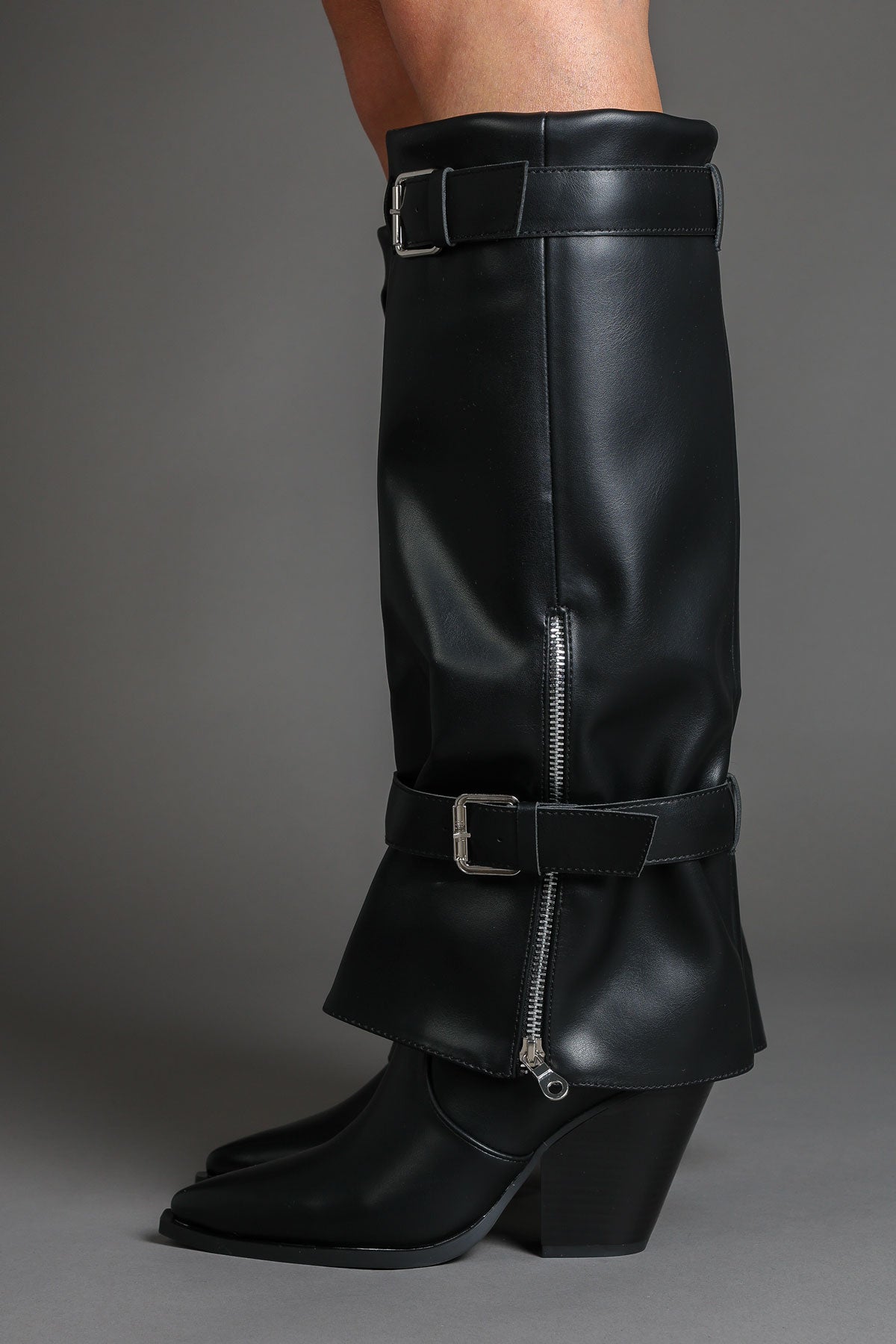 Black Fold Over Pointed-Toe Buckle Detail Western Boots