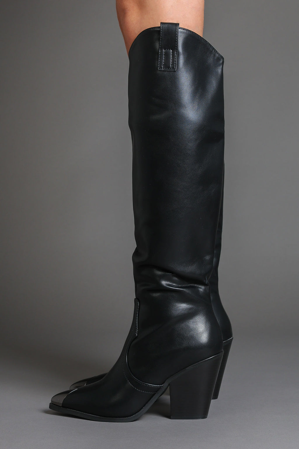Black Faux Leather Metal Toe Knee High Cowboy Boots