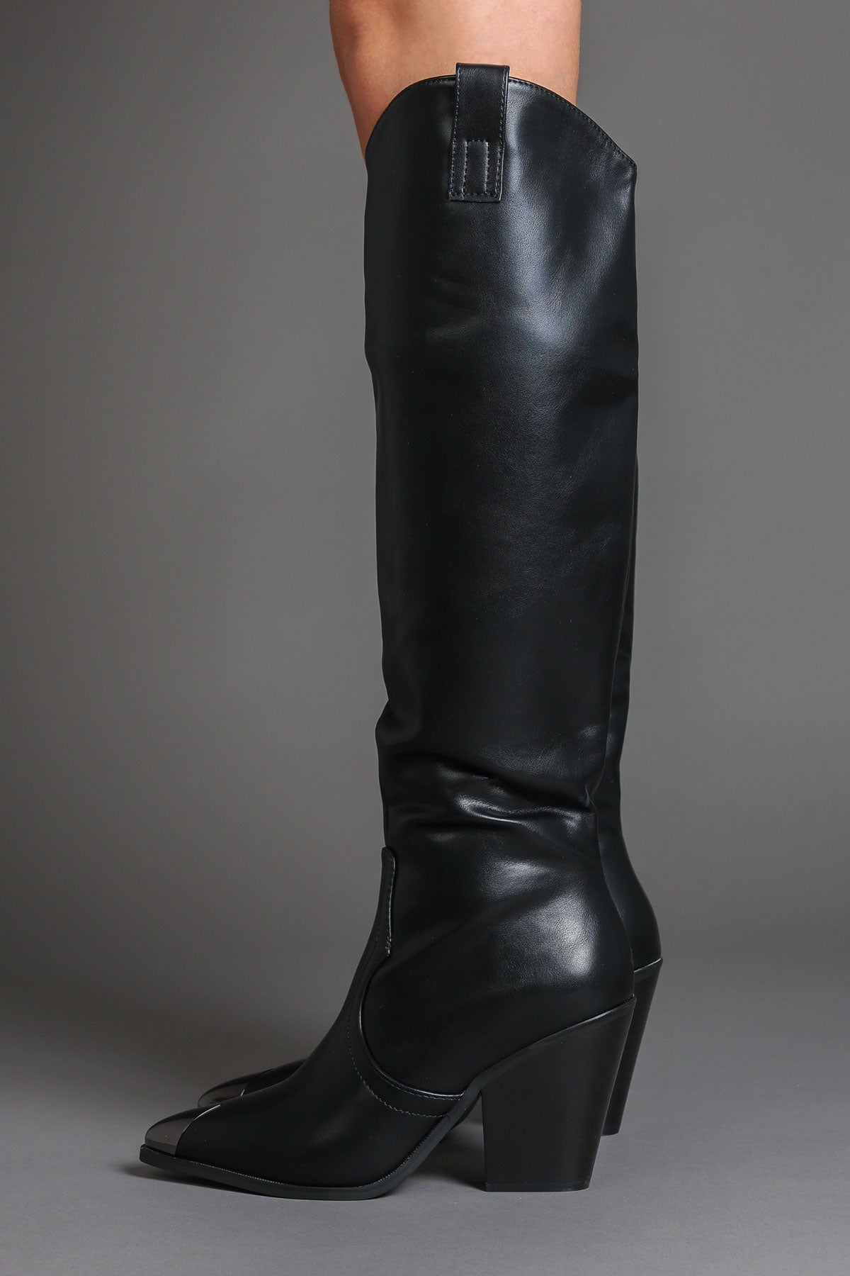 Black Faux Leather Metal Toe Knee High Cowboy Boots