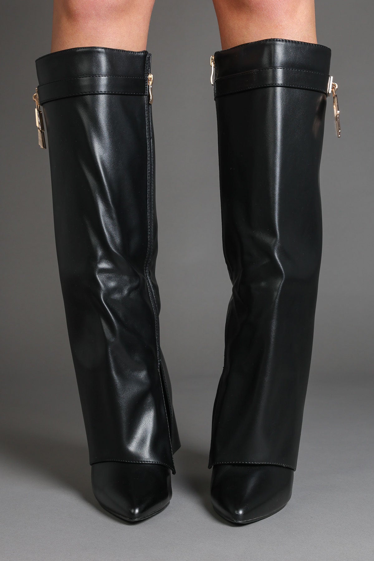 Black Faux Leather Fold Over Padlock Detail Slouchy Shark Boots