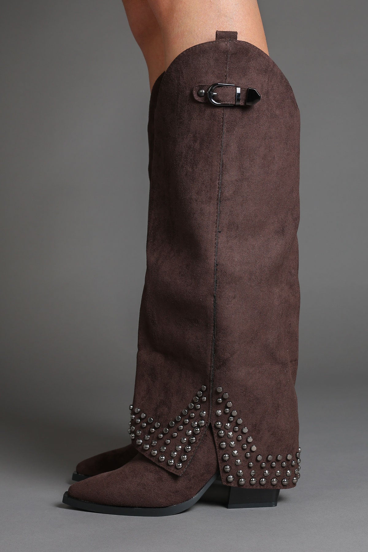 Brown Faux Suede Studded Fold Over Slouch Western Cowboy Boots