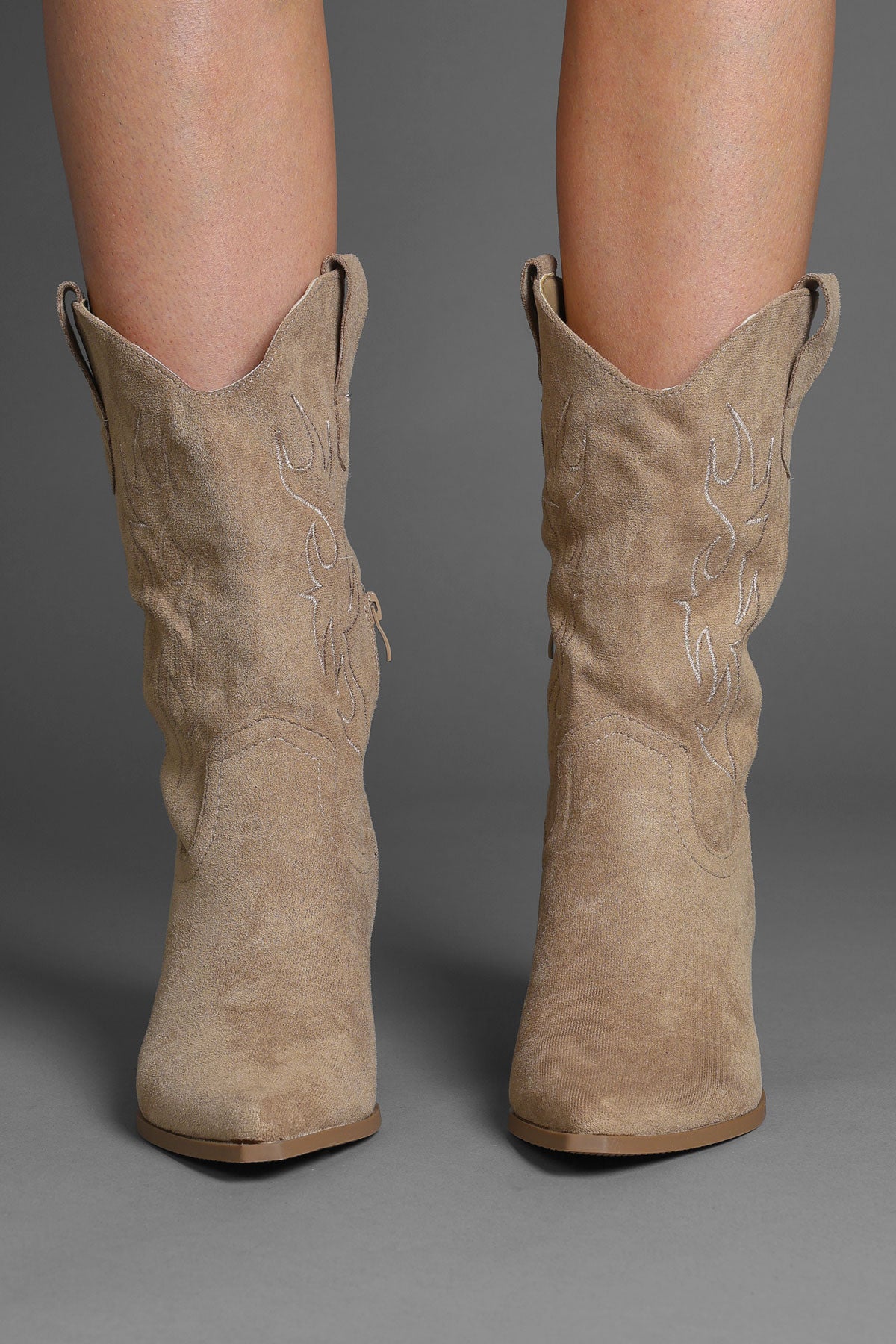 Taupe Faux Suede Flame Embroidered Western Cowboy Boots