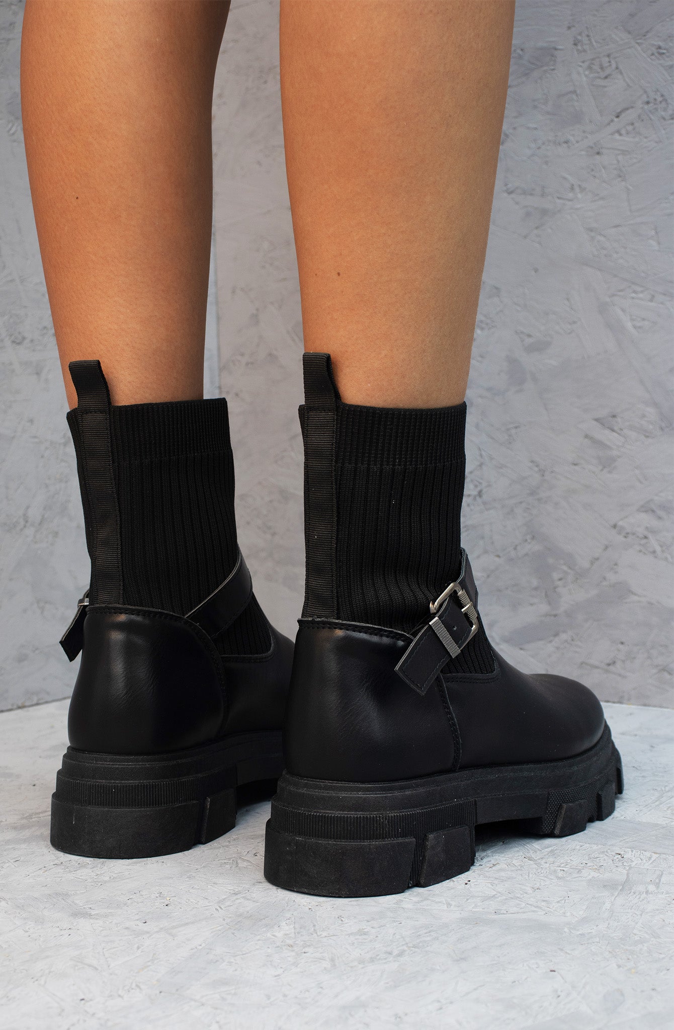 Black Chunky Faux Leather Buckle Sock Boot