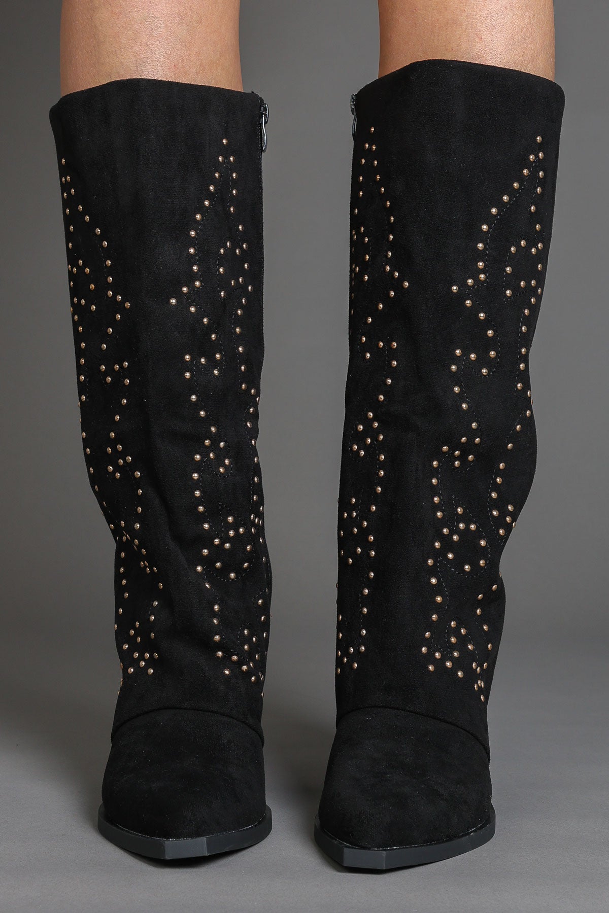 Black Faux Suede Studded Slouchy Western Cowboy Boots