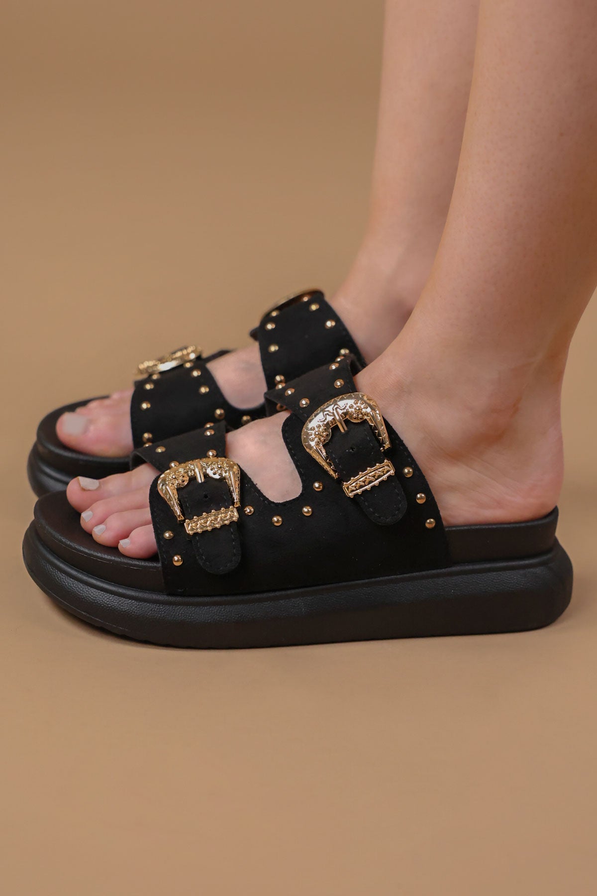 Myah Black Suede Chunky Studded Buckle Sandals