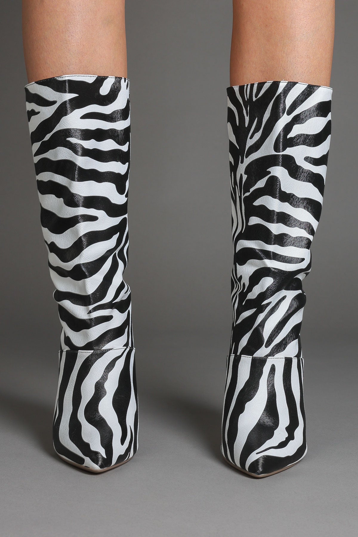 Zebra Printed Faux Leather Slouchy Pointed-Toe Stiletto Boots