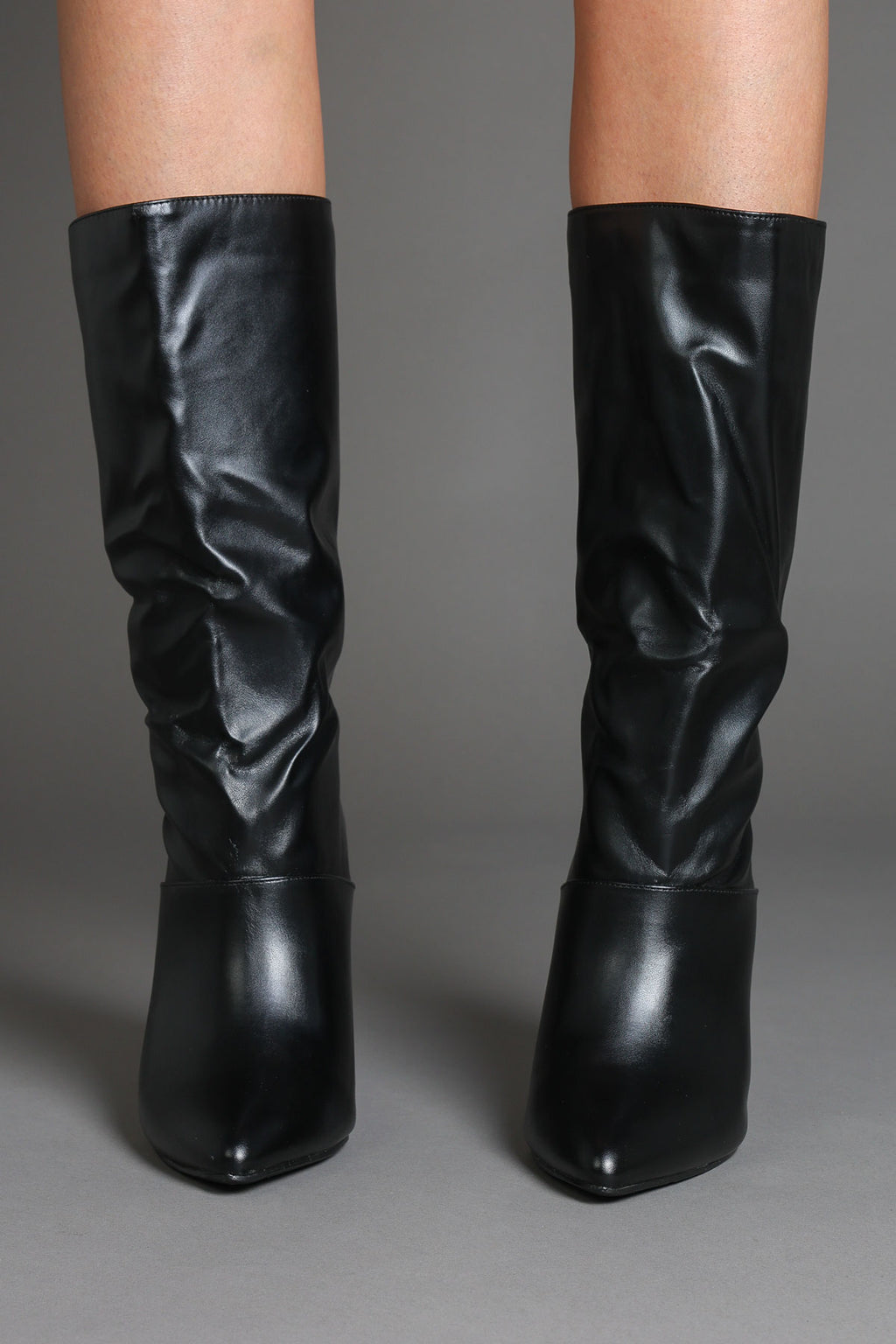 Black Faux Leather Slouchy Pointed-Toe Stiletto Boots