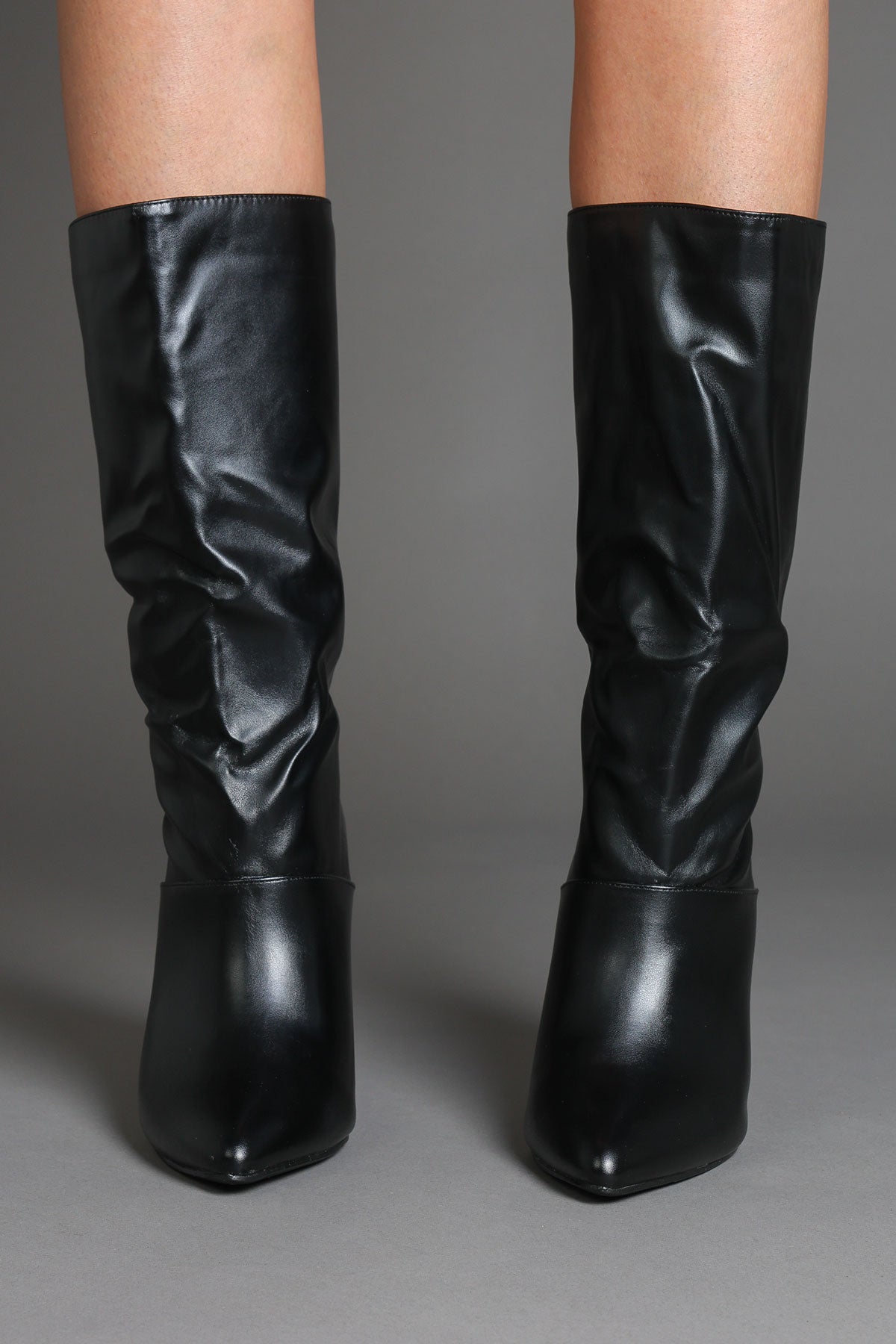 Black Faux Leather Slouchy Pointed-Toe Stiletto Boots