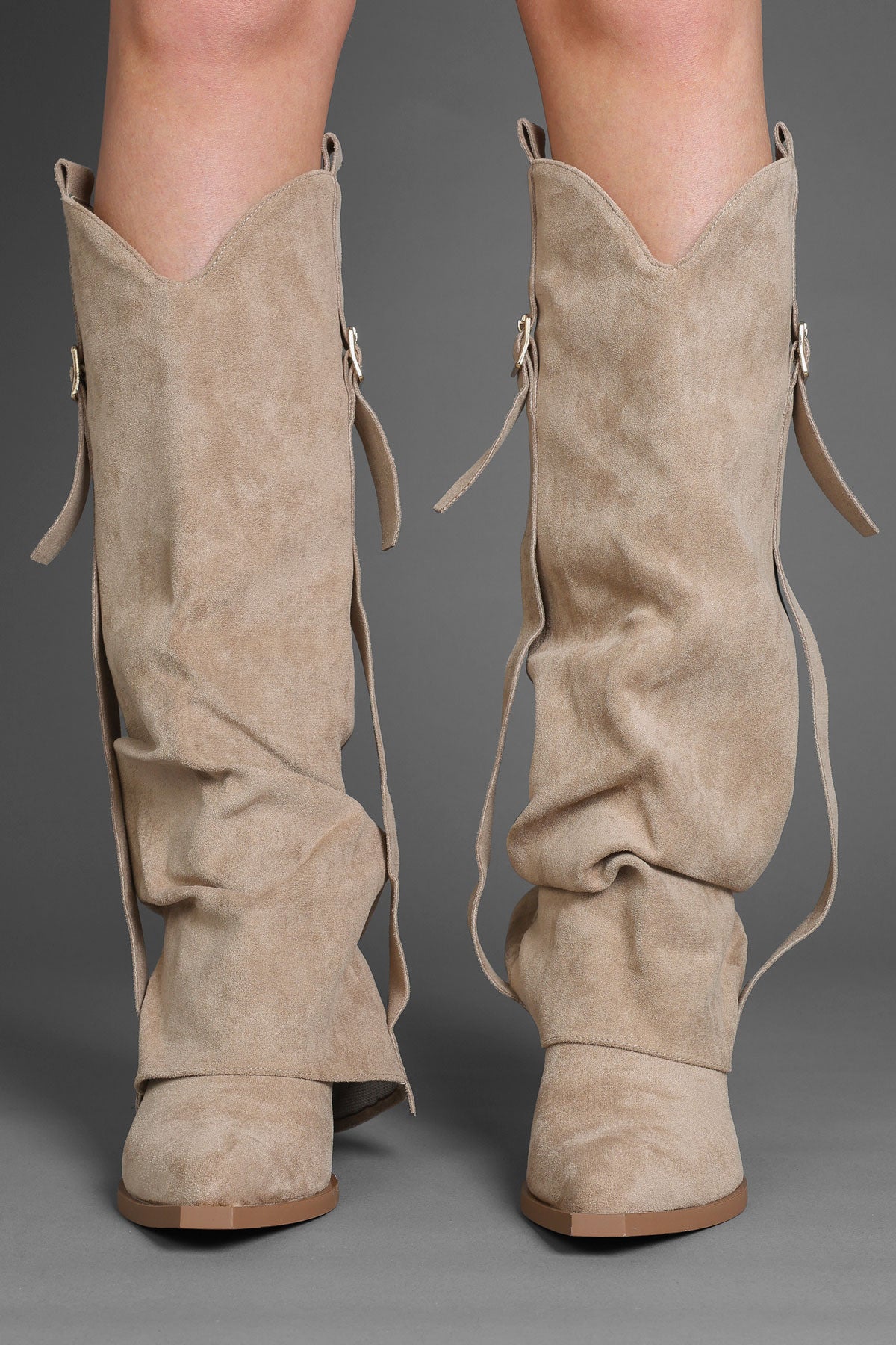 Taupe Suede Slouchy Fold Over Western Cowboy Boots